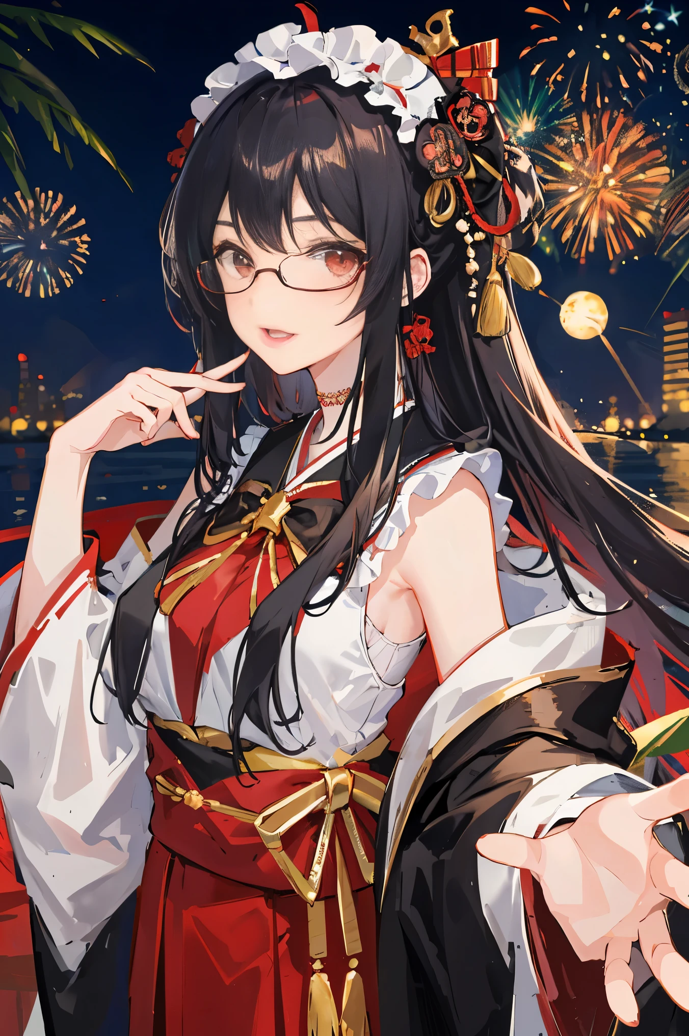 "anime girl, 1 person, black hair, shoulder length hair, red eyes, glasses, white horns, wearing kimono, kimono outfit, black kimono with red patterns, details, big breasts, long stockings, sinister smile , small black wings on the back, solo, viewed from different directions, festival, New Year's Eve, New Year's Eve fireworks, watching fireworks (sharp image)"