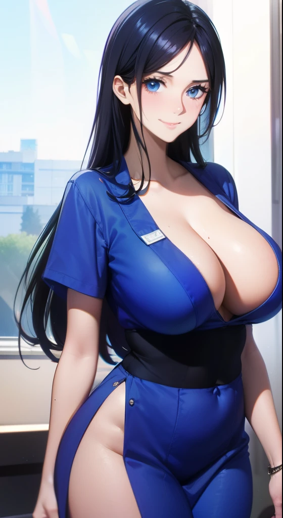 femele, Nico Robin from the anime One Piece, Black hair, Long hair, hair tie, huge tit, Perfect body, Standing, tall, tall woman, Sexy, Hot Girl, Wearing hospital nurse uniform, Smile a little at the hospital, Look at the viewer , High-definition images, Super Detail quality, Super Detail, HD quality, 8K, fuji photo, Canon Photography
