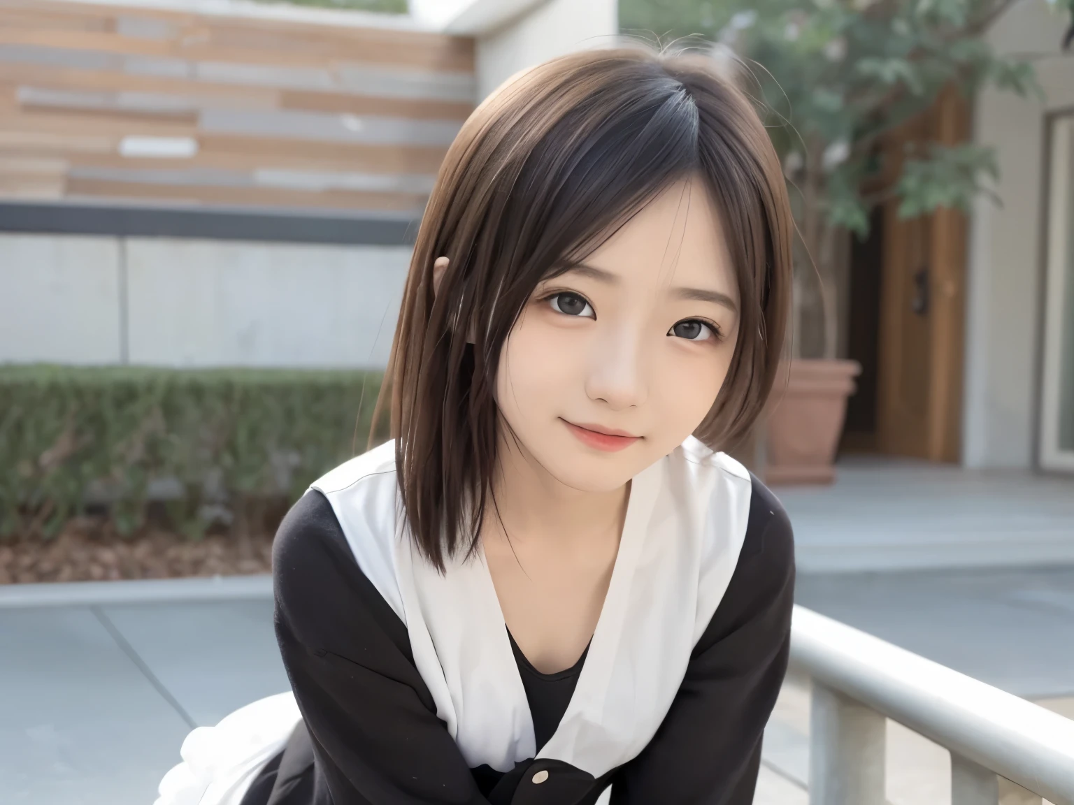 white hair、beautidful eyes、real looking skin、high school guiller suit、small tits、(8K、masterpiece)、(reallistic、フォトreallistic)、top-quality、ighly detailed、The ultra-detailliert、Beautie、cute little、japanes、Idol、A smile、Close-up portrait、Healthy face