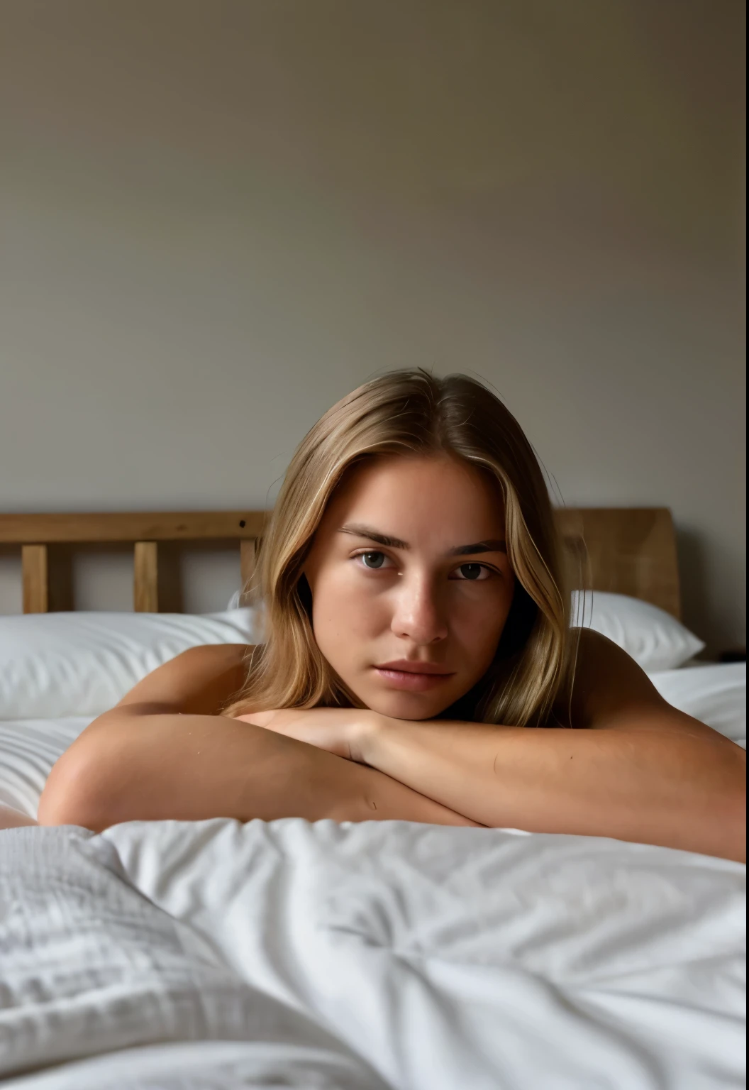 2 woman lying on her side on a gray sofa, with her face facing the camera. She has fair skin with visible freckles, blonde hair, and light blue eyes. Her expression is serene, and she is wearing small, discreet earrings. The soft lighting highlights the texture of her skin and the fabric of the sofa, her bare back. The background is blurred, creating a depth effect and highlighting the central figure.