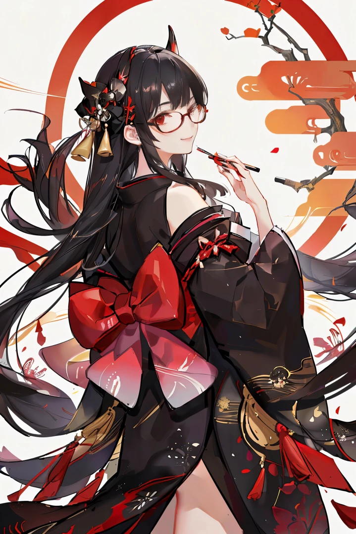 "anime girl, 1 person, black hair, shoulder length hair, red eyes, glasses, white horns, wearing kimono, kimono outfit, black kimono with red patterns, details, big breasts, long stockings, sinister smile , small black wings on the back, solo, viewed from different directions, festival, New Year's Eve, New Year's Eve fireworks, watching fireworks (sharp image)"