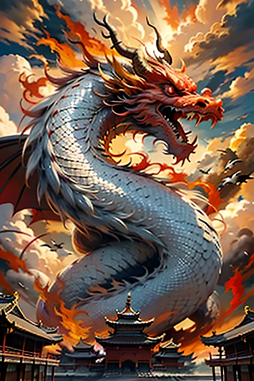 Best quality,masterpiece,ultra high res,nu no humans, (long:1.2),no humans, cloud, architecture, east asian architecture, red eyes, horns, open mouth, sky, fangs, eastern dragon, cloudy sky, teeth, flying, fire, bird, wings