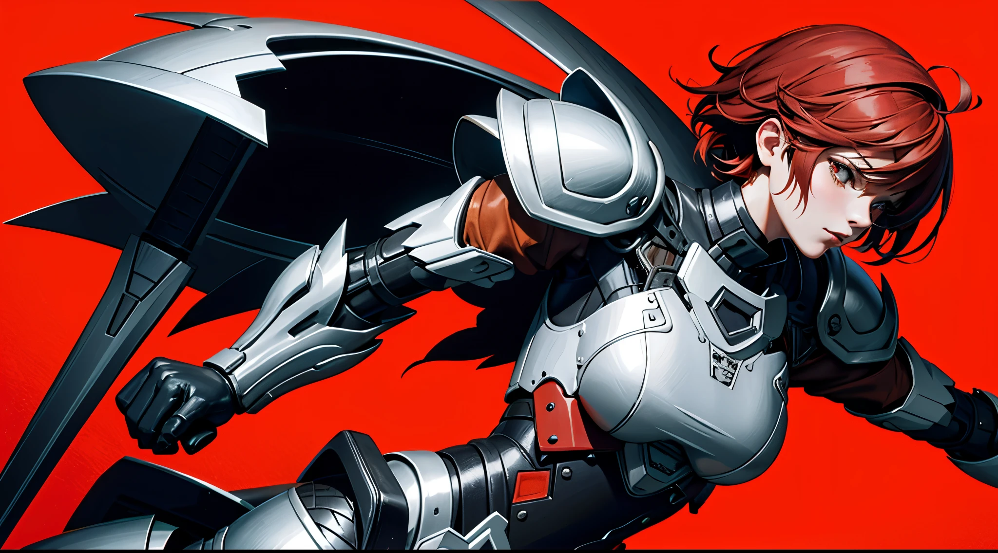 Defining the type of work: Wallpaper;
Background definition: background with black, gray, orange and red colors;
Foreground definition: A woman, with short red hair, dressed in armor, and with a sword, body covered by armor;
Quality definition and effects: Very detailed, spring effect, lens effect, 16k quality