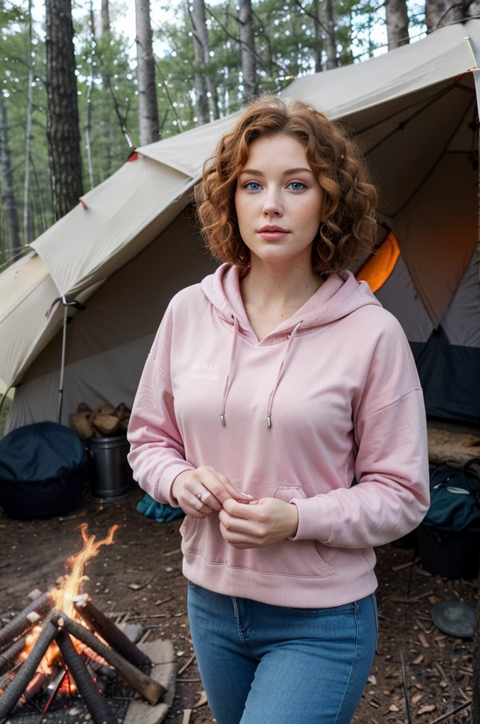 campfire, tent, cooking, magnificent young woman with blue eyes, this woman has short and curly hair, luscious lips and is in the woods, she is wearing a pink boho hoody and blue jeans