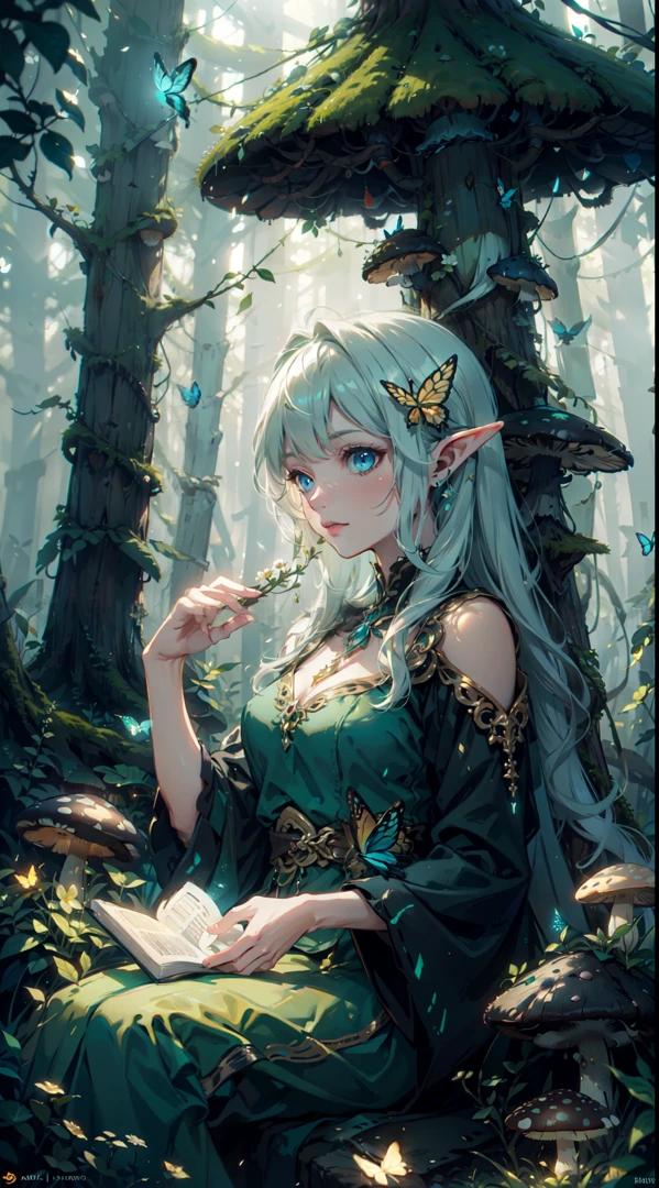 masterpiece, best quality, detailed, delicate, 8K, 1elf with white hair and blue eyes (sitting) in a (dark forest), BREAK, (mushrooms, moss, butterfly, flowereautiful detailed eyes) (steal flowing dress with gold accents), [shiny flowers] [ethereal atmosphere]:1.1 [fantasy, tale] [book story style] [soft lighting] [whimsical feel]:0:8 [+cinematic shot]:1.2 [+artstation] [+ luminescent blue blue green yellow] [+soft lighting] [soft glow] [+particles] [creative and dynamic angles]:1.3, [+mineral toning] [+octane rendering] [+professional post production ] [+rendering octane] [+tones and lighting and contrast/+ghibli style/+studio style]