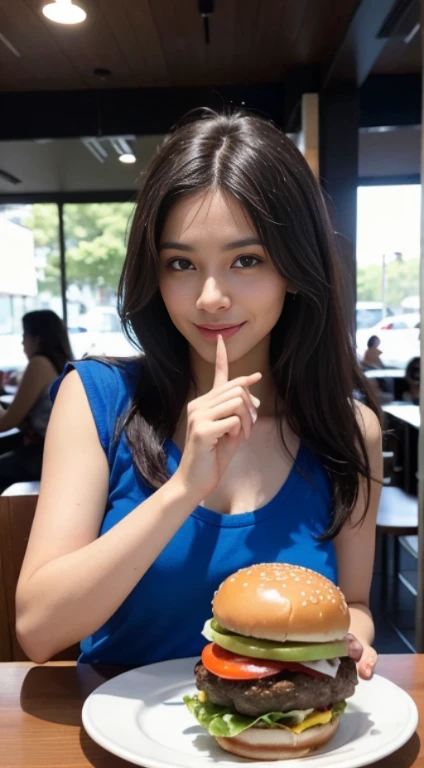 A 30-year-old Brazilian woman is eating a burger in a modern cafeteria decorated in blue and red.. He is happy., Looking at the camera. A highly detailed, a photo of.