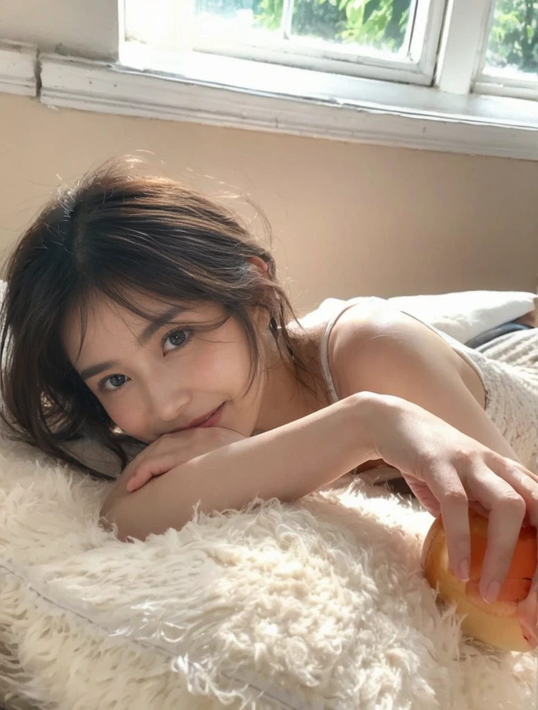 (On a table, Best quality at best, realistically, ultra - detailed, meticuloso, A high resolution, 8k wallpaper), Close-up portrait of a beautiful woman, Chariada, Smiling, light brown messy hair, Perfect dynamic composition, 美丽meticuloso的眼睛, Just like the cover of a fashion magazine, On campus