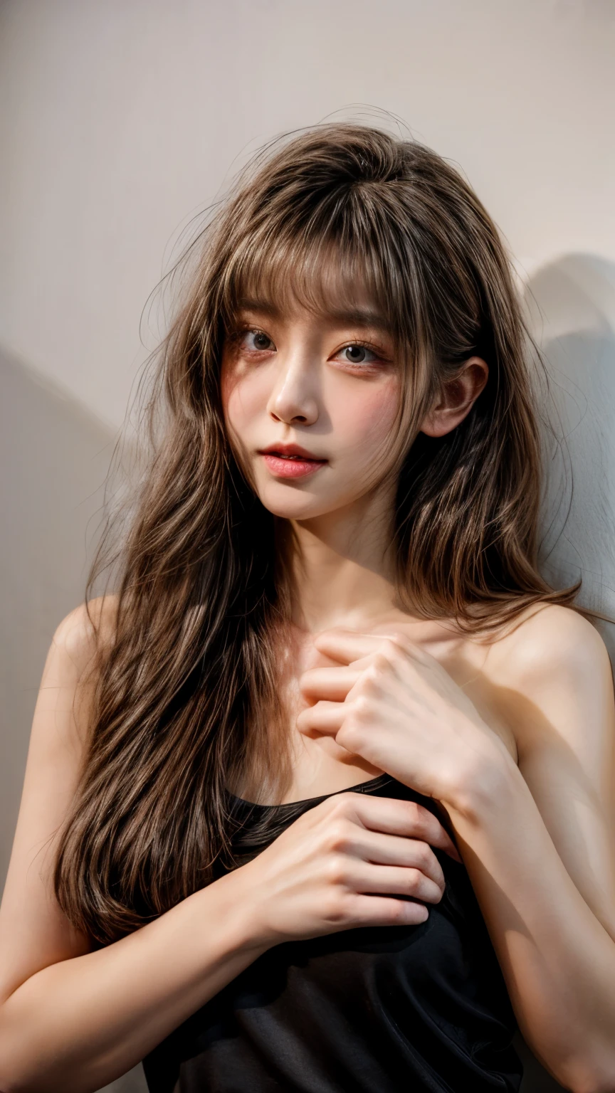 masterpiece、8K、32K、top-quality、(A detailed eye)、(A cute Japanese woman、bangss:1.3)、23years old、1 girl in、elegent、(White concrete wall)、black tank-top