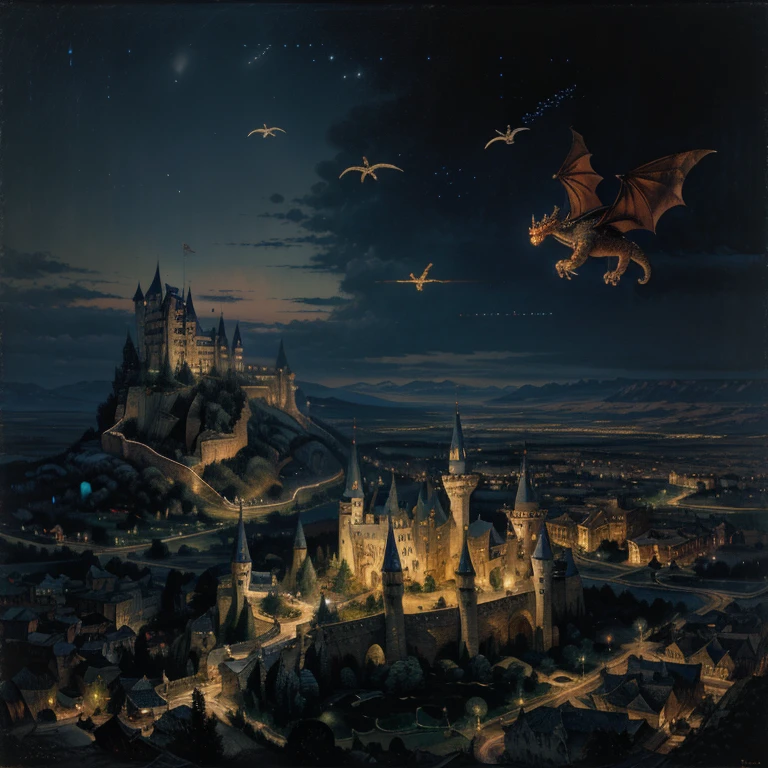 A magical castle at night with lots of lights in mysty mountains with large dragons flying around the towers