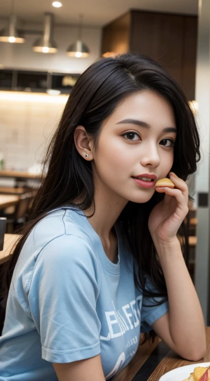An 18-year-old Brazilian woman is eating a burger in a modern cafeteria decorated in blue and red... He is happy.., Looking at the camera. A highly detailed, a photo of.