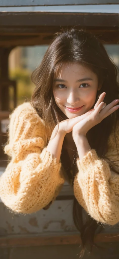 (On a table, Best quality at best, realistically, ultra - detailed, meticuloso, A high resolution, 8k wallpaper), Close-up portrait of a beautiful woman, Chariada, Smiling, light brown messy hair, Perfect dynamic composition, 美丽meticuloso的眼睛, Just like the cover of a fashion magazine, On campus