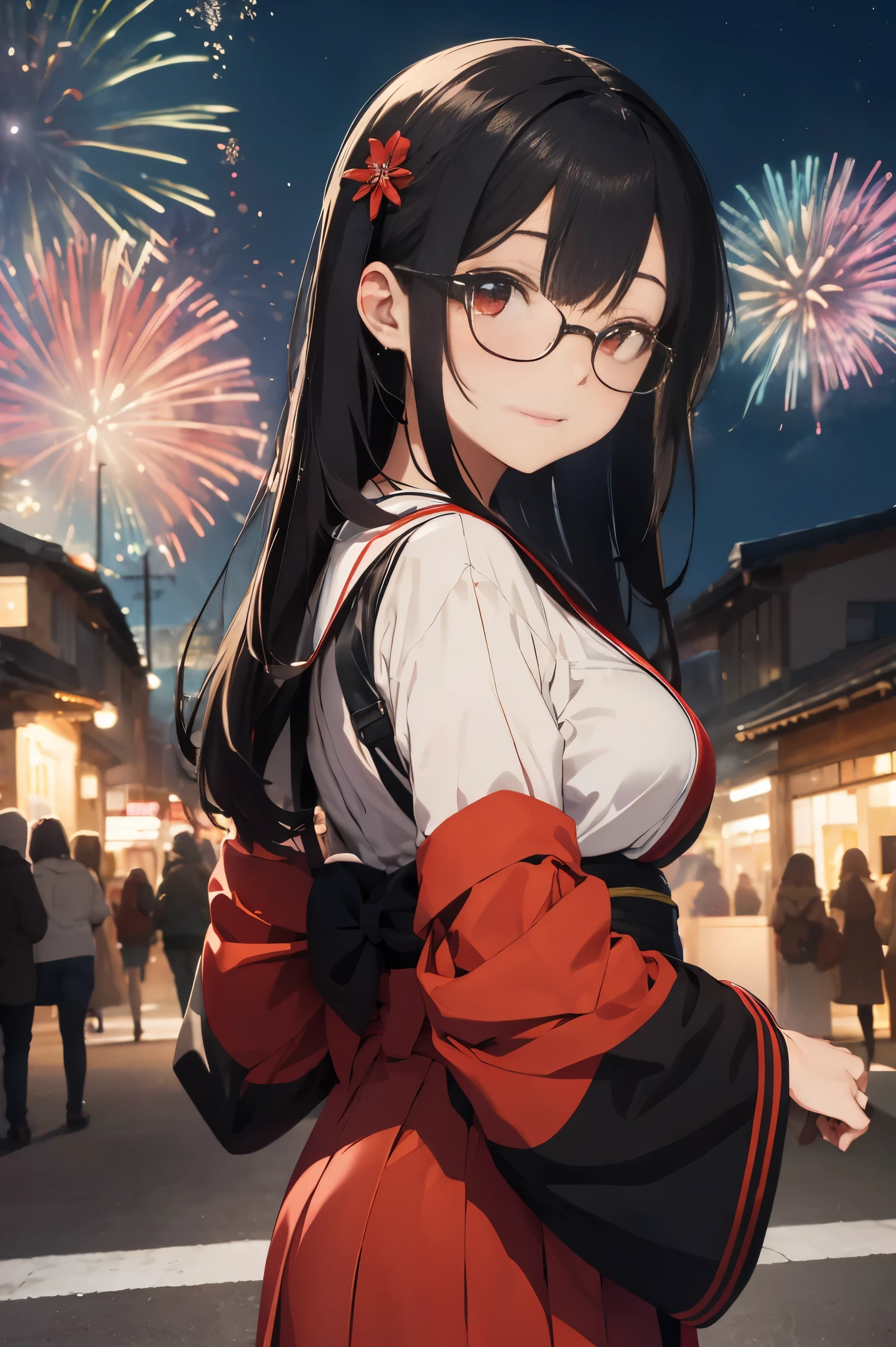 "anime girl, 1 person, black hair, shoulder length hair, red eyes, glasses, white horns, wearing kimono, kimono outfit, black kimono with red patterns, details, big breasts, long stockings, sinister smile , small black wings on the back, solo, viewed from different directions, festival, New Year's Eve, New Year's Eve fireworks, watching fireworks (sharp image)"