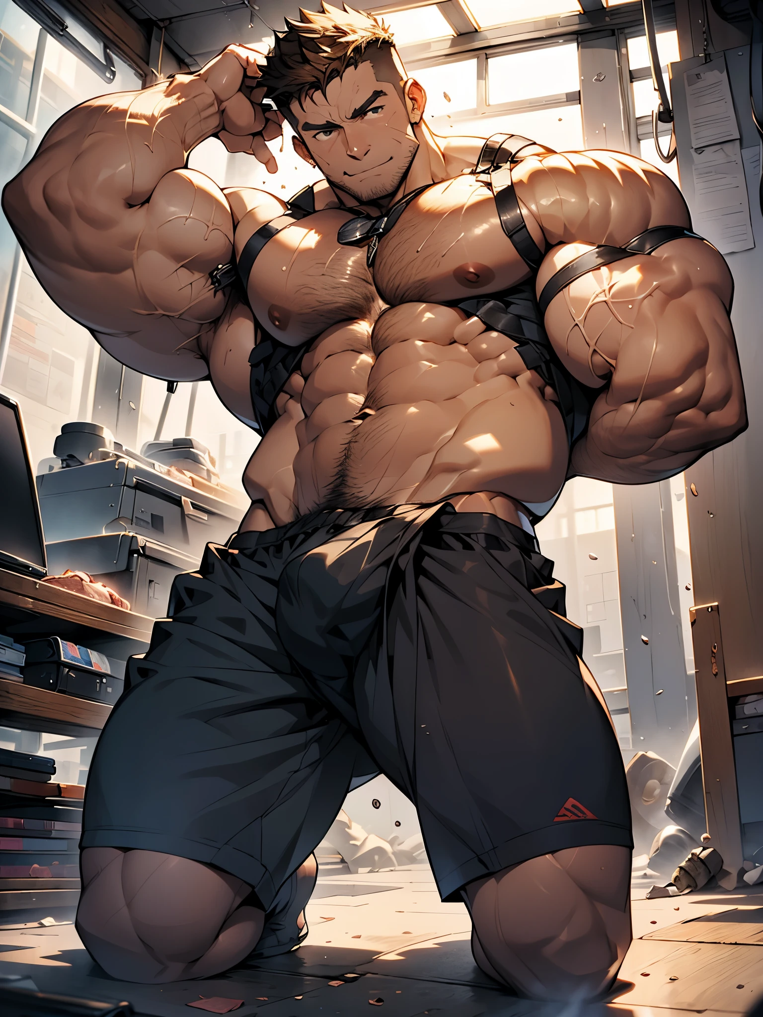 male people,solo person,brown hair,Handsome,with a determined look in his eyes,Muscle tissue is particularly developed,Strong body,The pectoral muscles are well developed,Protruding abdominal muscles,(lean meat),(白色紧身T-word),(((T-word))),((The crotch is raised)),((((The crotch is large:2)))),giant root,(The ),(The shape of the crotch is obvious:1.8),Inside the gymnasium,kneels on the ground,(with hands behind her back),the sunset,windoorgeous light and shadow,Delicate sculpting of muscle tissue,Best quality at best,4K Ultra Clear