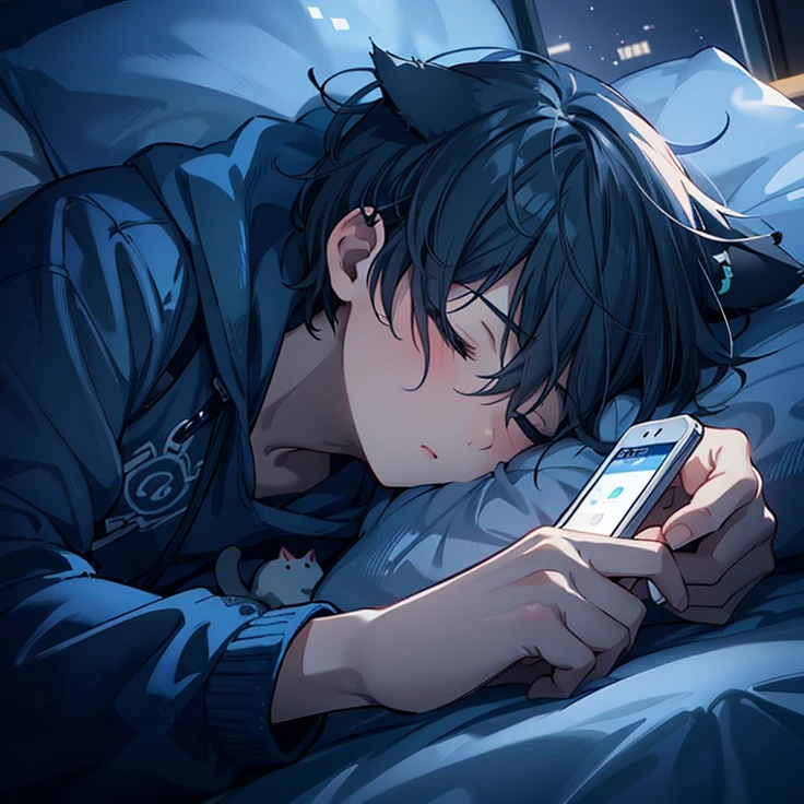 Anime boy, short hair, cat ears, sleep, close eyes, in bed with cell phone and cat in hand, 4k anime wallpaper, hd anime wallaper, anime wallpaper 4k, anime wallpaper 4k, anime picture