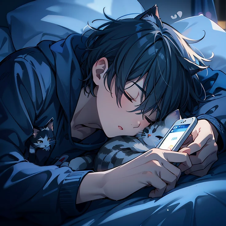 Anime boy, short hair, cat ears, sleep, close eyes, in bed with cell phone and cat in hand, 4k anime wallpaper, hd anime wallaper, anime wallpaper 4k, anime wallpaper 4k, anime picture