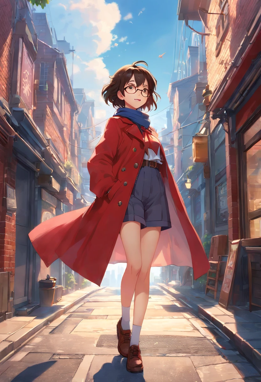 Extremely detailed CG unity 8k wallpaper, Masterpiece, Best Quality, 일러스트tooth션,Ultra-detailed, best 일러스트tooth션,best shadows, an extremely delicate and beautiful,디테일 라tooth트, 귀여운 애니메tooth션 얼굴, cinematic camera, Depth of field, 1Girl, Floating, Shine, short dark hair, wind lift, Parted hair, beautiful and delicate brown eyes, Detailed face, pilot glasses on head, red coat, short ruffle pants, Medium Tits, pouch에 손, Blue scarf, Looking at the viewer, Long sleeves, Red coat, closed mouth, light grin smile, red jacket, shining day, 26 years old, girls, Dynamic background, Nose, lip, intriciate detail, expressive, Pupils, cinematic angle, 다tooth내믹 액션 포즈, 상세한 애니메tooth션, hyper 상세한 애니메tooth션 animation, weapons, Legs, detailed background, steampunk, goth Victorian london, Alleyway background, noble, nobleic, exterior, pouch, overcast sky, A city far away, building far away, london, sunset, street lights, airship in the sky, cars in the distance, street level, tooth, haze