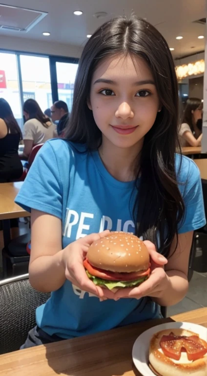An 18-year-old Brazilian woman is eating a burger in a modern cafeteria decorated in blue and red.... He is happy..., Looking at the camera. A highly detailed, a photo of.