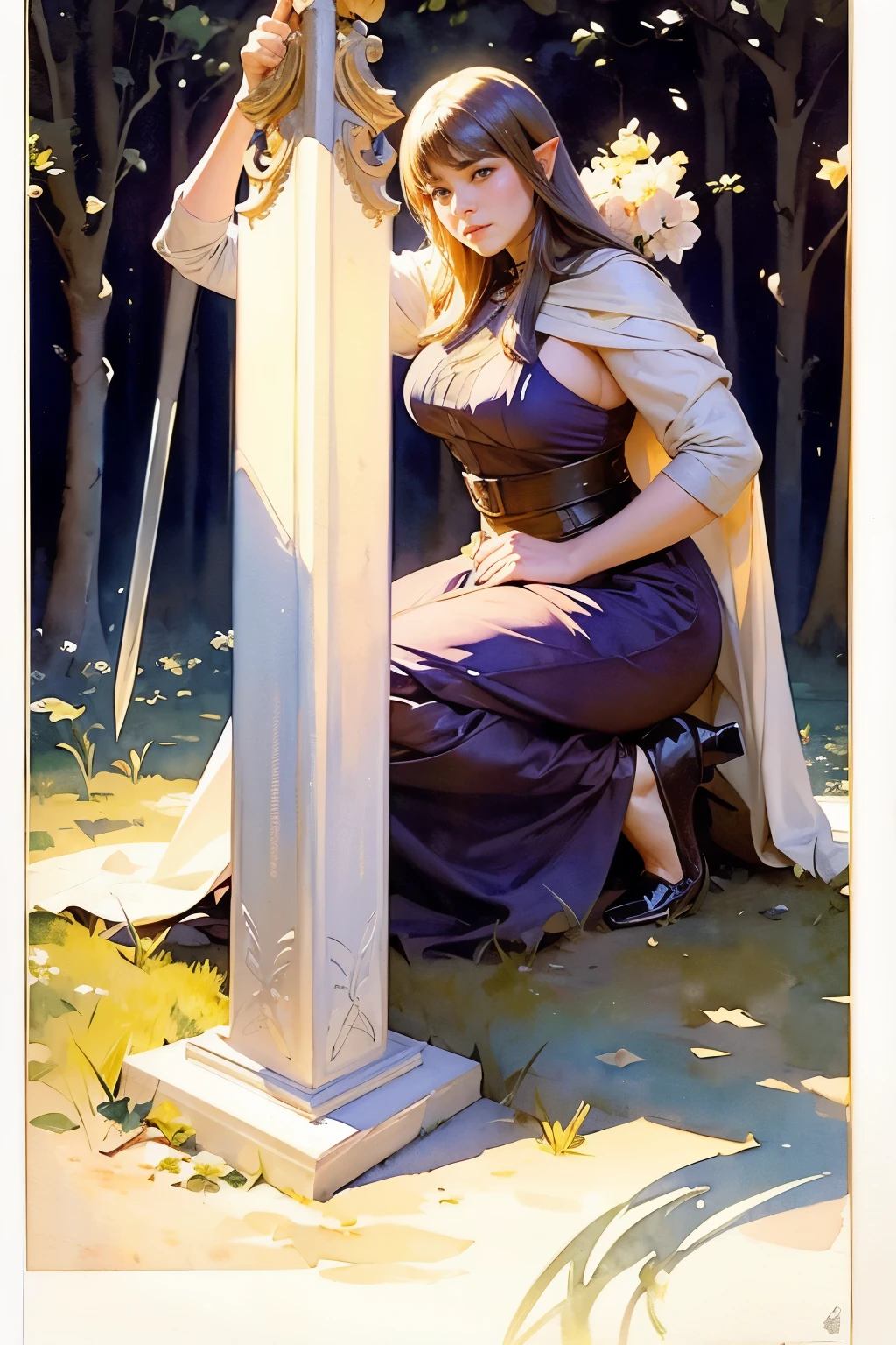 ((watercolor painting by singer sargent)), female mature elf with giant sword , chubby woman,