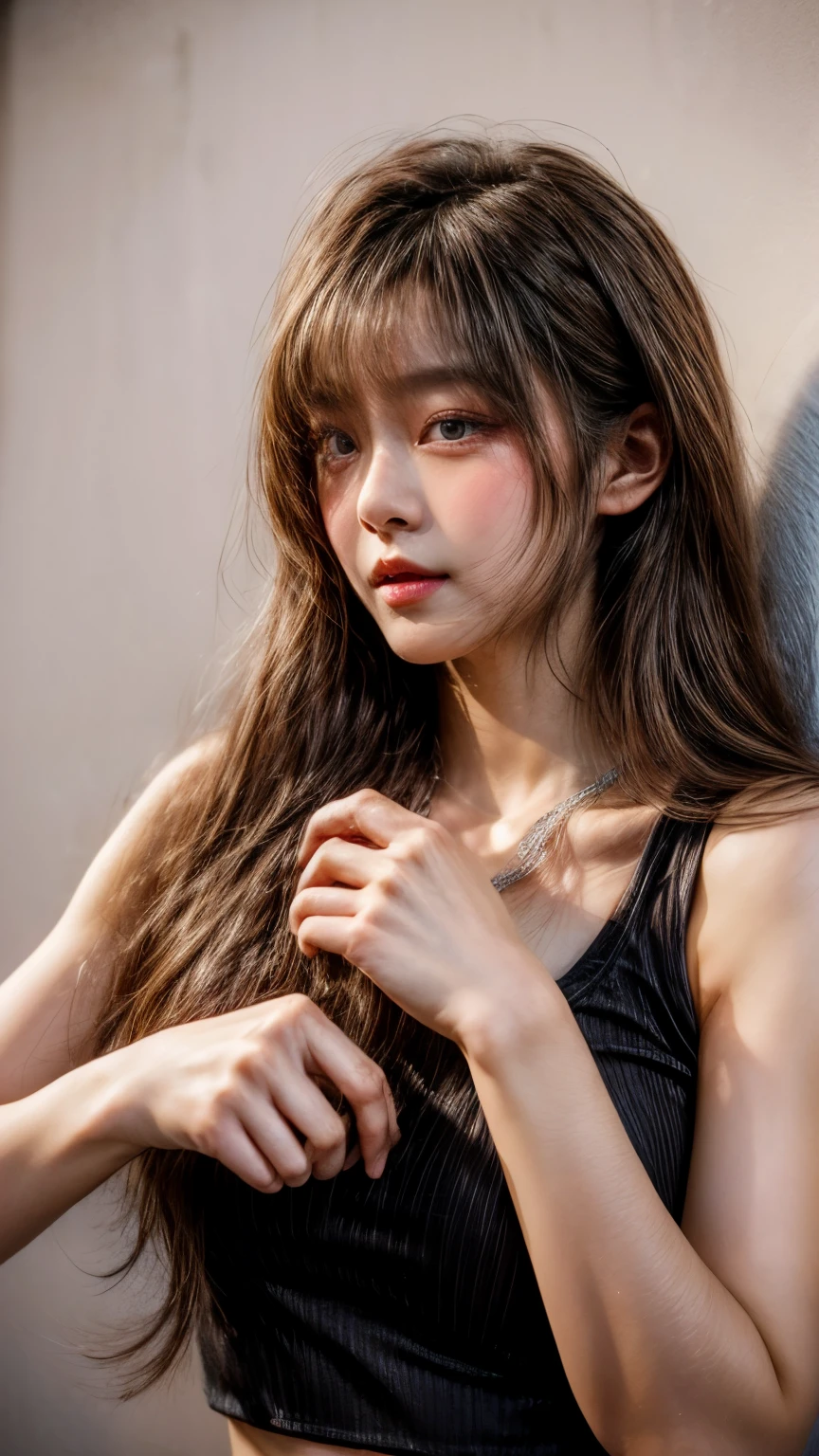 ​masterpiece、8K、32K、top-quality、(A detailed eye)、(A cute Japanese woman、bangss:1.3)、23years old、1 girl in、elegent、(White concrete wall)、black tank-top