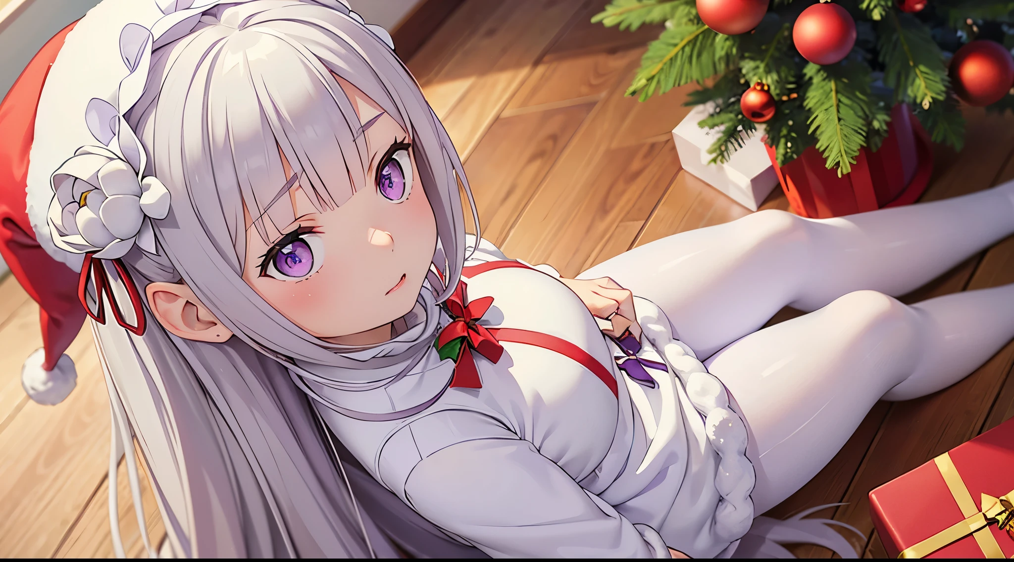 re:zero, emilia, gray hair, hair flower, masterpiece, amazing, 8k, detailed, 1girl, (from above), purple eyes, white tights, ((cute)), ((holding a present)), (under Christmas tree), wallpaper, falling snowflakes, ((Christmas outfit)), (Christmas hat), (sitting on the floor), ((looking up)),