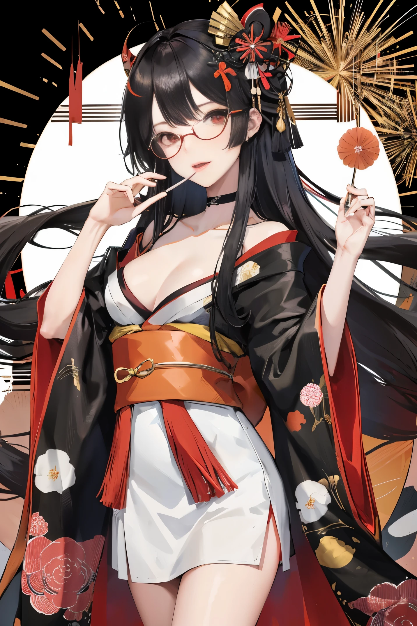 "anime girl, 1 person, black hair, shoulder length hair, red eyes, glasses, white horns, wearing kimono, kimono outfit, black kimono with red patterns, details, big breasts, long stockings, sinister smile  , small black wings on the back, solo, viewed from different directions, festival, New Year's Eve, New Year's Eve fireworks, watching fireworks (sharp image)"