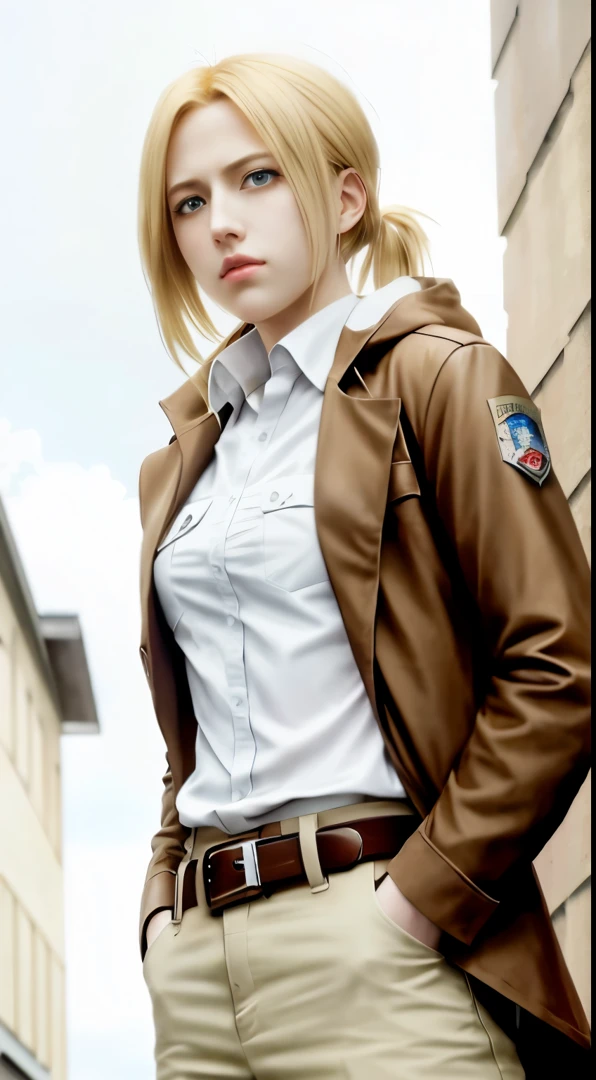 anime girl with blonde hair and brown jacket posing for a picture, looking like annie leonhart, annie leonhart, portrait of eren yeager, from attack on titan, inspired by Armin Hansen, eren yeager, inspired by Armin Baumgarten, in attack on titan, tall anime guy with blue eyes, inspired by Li Chevalier, snk，Attack on Titan female character Historia，golden hair，Long golden hair，Combat attire，binh，metal light holder，golden hair，blue color eyes