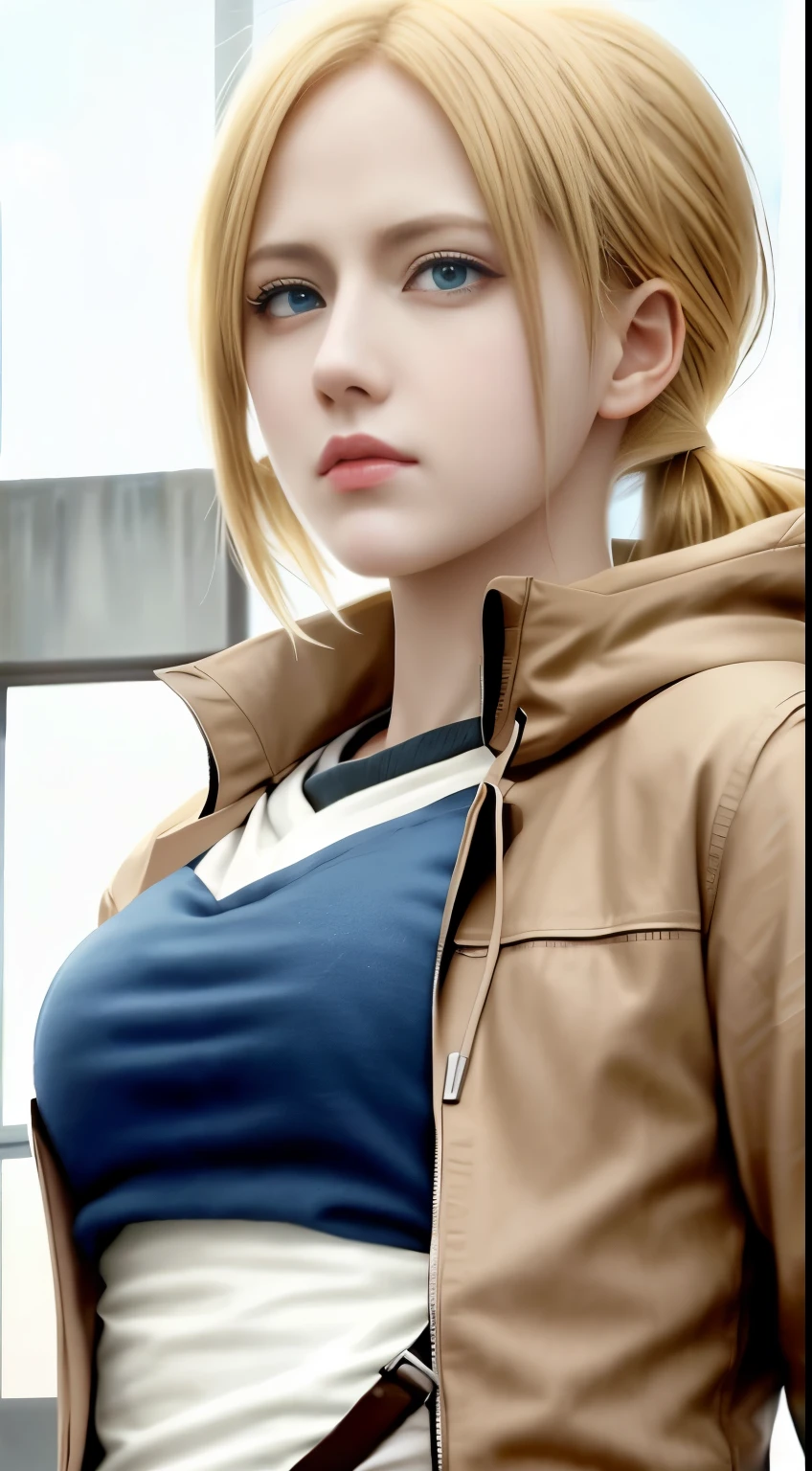 anime girl with blonde hair and brown jacket posing for a picture, looking like annie leonhart, annie leonhart, portrait of eren yeager, from attack on titan, inspired by Armin Hansen, eren yeager, inspired by Armin Baumgarten, in attack on titan, tall anime guy with blue eyes, inspired by Li Chevalier, snk，Attack on Titan female character Historia，golden hair，Long golden hair，Combat attire，binh，metal light holder，golden hair，blue color eyes