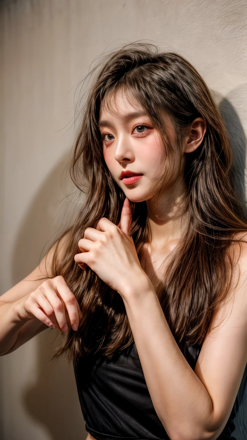 masterpiece、8K、32K、top-quality、(A detailed eye)、(A cute Japanese woman、bangss:1.3)、23years old、1 girl in、elegent、(White concrete wall)、black tank-top