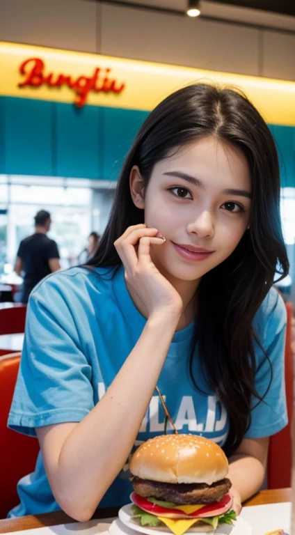 An 18-year-old Brazilian woman is eating a burger in a modern cafeteria decorated in blue and red..... He is happy...., Looking at the camera. A highly detailed, a photo of.