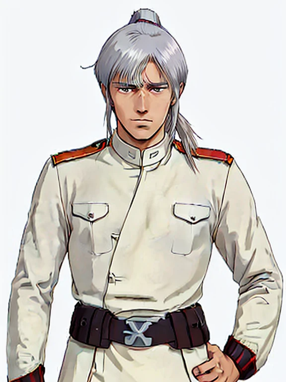 Anime, white background, Male, sand white hair, straight, ponytail, young face, imperial German military uniform