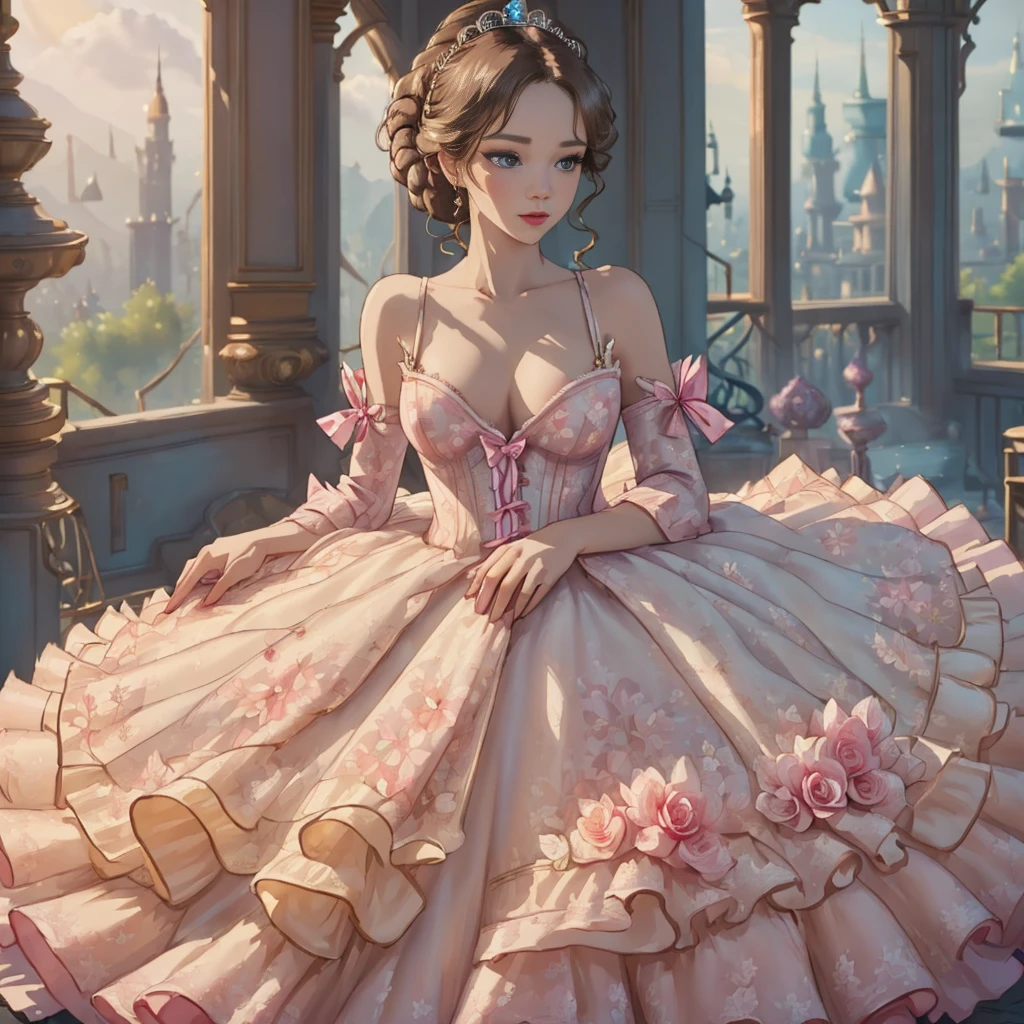 photography of Belle from Beauty and the Beast, (expose her tits),topless, royal gown(floral print), full cleavage, full body, beautiful, ((detailed face)), ((detailed eyes)), crown, majestic, perfect body, intricate, cinematic lighting, realistic, bokeh, HD, high quality, 8k, uhd, soft shadows, masterpiece, pussy reveal, tits reveal, ((distant view:1.2)),one breast out,nsfw,hard nipple(nipple piercing)grab breast