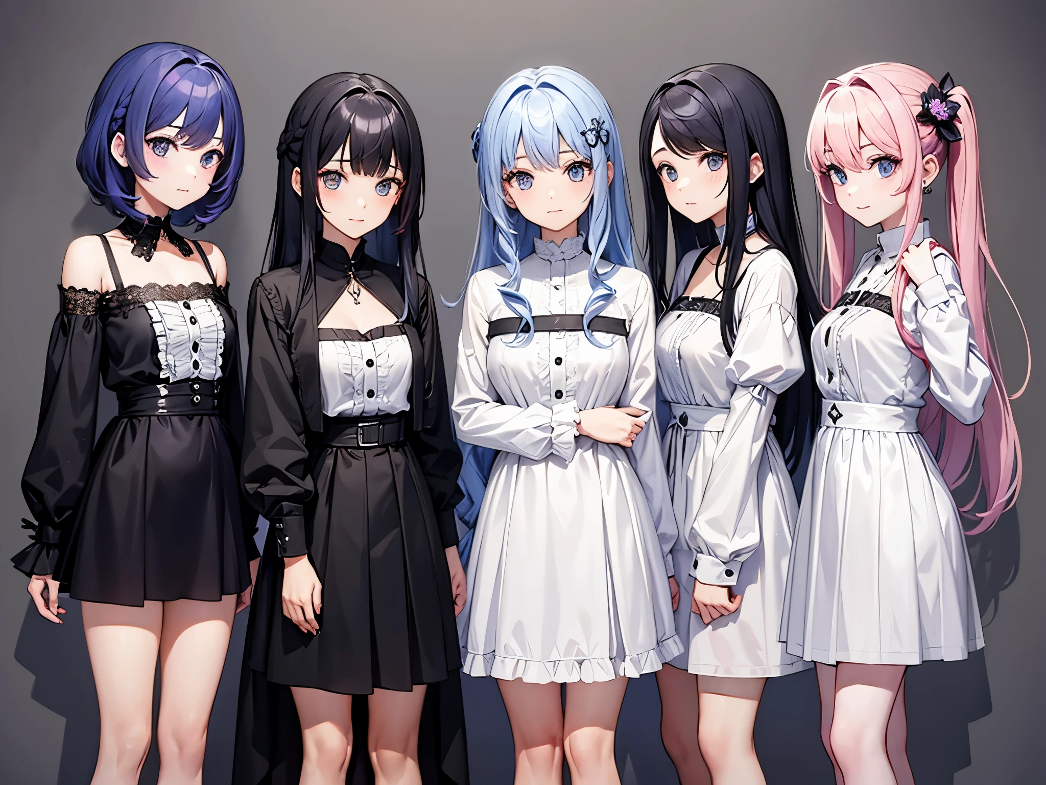twins sister, hairstyles different, hair colors different, iris colors different, outfits different,