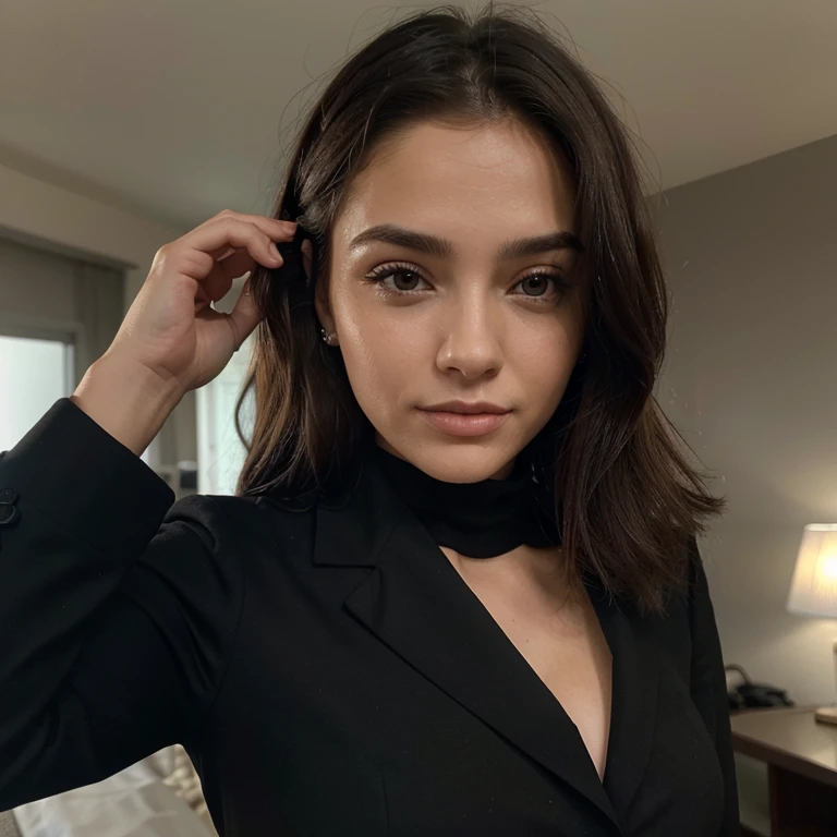 ((ultra realistic), ((master part)), ((circunstanciado)), rosto perfeito, olhos perfeitos, 20 anos, slim fit, cara bonito, Beautiful , grandes olhos azuis, olhos perfeitos, Olhos detalhados, luz natural, noite, bunda grande, humor sexy, Pose sexy, Sombra Escura, Blurry, rough skin, cabelos longos, peito grande, wearing black suit like attorney suit, selfie