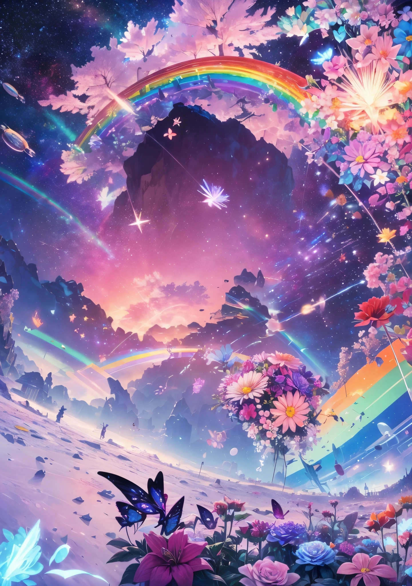 Melody Mark,top-quality、masutepiece、1womanl、独奏、(abstract art:1.4),(Psychedelia Theme:1.6),(Gunjo World:1.5),Large bouquet,(Lots of creatures:1.5),(Space world:1.5),(At the center of the world is the most beautiful woman in the world),(many stars are falling:1.5),A ray of light spreads,Crystals spreading from the center,prisma(Nostalgic landscapes:1.5),(colorful flower:1.5),Wide Landscape Photography, (viewed from below, the sky with rainbow is above, The open field is below), colorful flower畑に座って見上げるアニメの女の子, (fullmoon: 1.2), (rainbow clouds: 0.9), (rainbow: 1.3), mountain in the distance , shooting stars, Craft Art, (Warm light: 1.2), (firefly: 1.2), A light, lot of purple and orange, Intricate details, Colorful palette,Volumetric Lighting BREAK (masutepiece: 1.2), (Best Quality), 4K, ultra-detailliert, (dynamic compositions: 1.4), Rich details and colors, (rainbowカラー: 1.2), (Glow, Atmospheric lighting), Dreamy, Magical, (独奏で: 1.2),