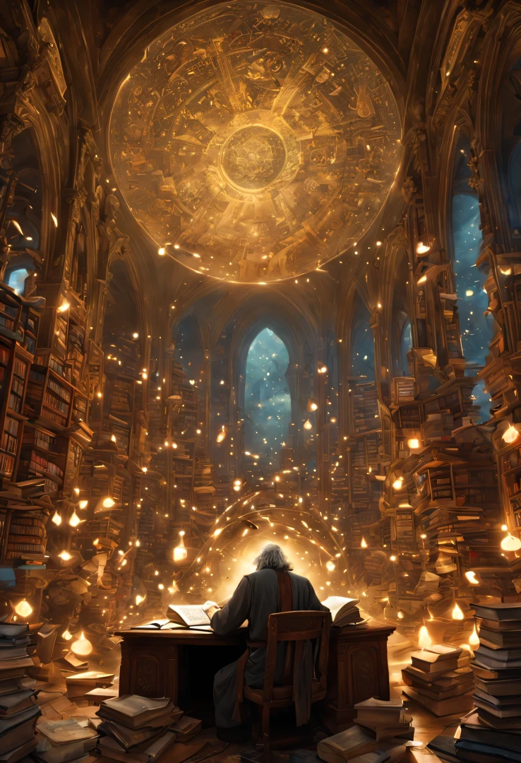 A mystical library filled with floating mountains of books orbiting an aged wizard lost in focused reading, intricate symbols and ancient languages marked the pages as artifacts swirled around him, endless halls of mysteries and knowledge surrounded his desk as archways glowed with eerie portal lights. Highly detailed, cinematic lighting, by Greg Rutkowski and Alphonse Mucha