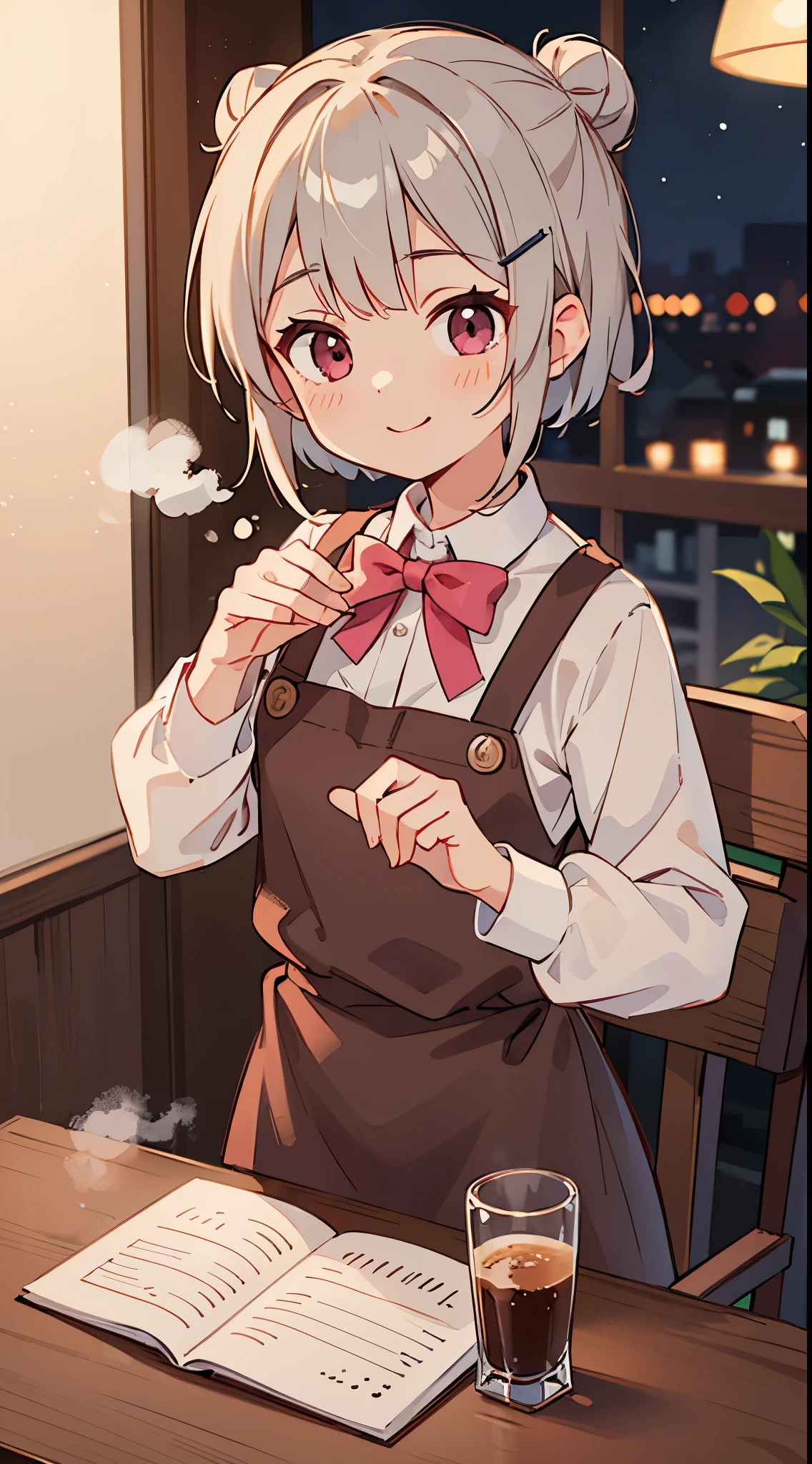 (masutepiece), Best Quality,  Girl working in a coffee shop, brew coffee with a coffee machine, Perfect face, Expressive eyes, Brown Apron, Coffee shop seen from the inside, Short hairstyle with silver hair and bob, Hair tied in a bun with a hair clip, Pink eyes, Cute little girl s、A smile、Laugh, Cozy, (Night), Realistic, 4K, Flowers in a vase,  Perfect Lighting, Traced light, Warm colors, Table chairs, Everyday life, Modern, Elegant, (relax vibe), White shirt, barista, Soft,  humble,Delicate, Gentle, Night, Contrasty, Vivid colors, Bokeh, (The perfect coffee machine), state, (Soft), she drinks coffee and takes a break, There is a table with a cup on the left hand, There is a coffee machine on the table, Steam is coming out of the cup, Delicious coffee