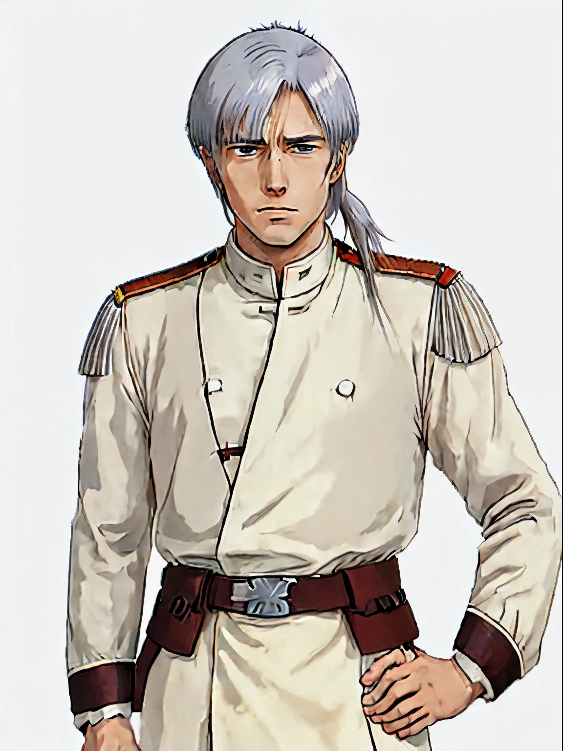 Anime, white background, Male, sand white hair, straight, ponytail, young face, imperial German military uniform