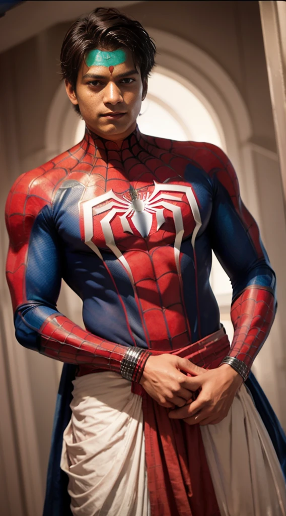 a close up of a 20 year age indian person wearing Spiderman costume, superhero body, peter parker, marvel style, marvel costumes, peter parker as spiderman, futuristic style spiderman, spider - man, spider-man, style of marvel, medium close - up ( mcu ), highly detailed spider - man, full body close-up shot, marvel superhero, portrait of spiderman,