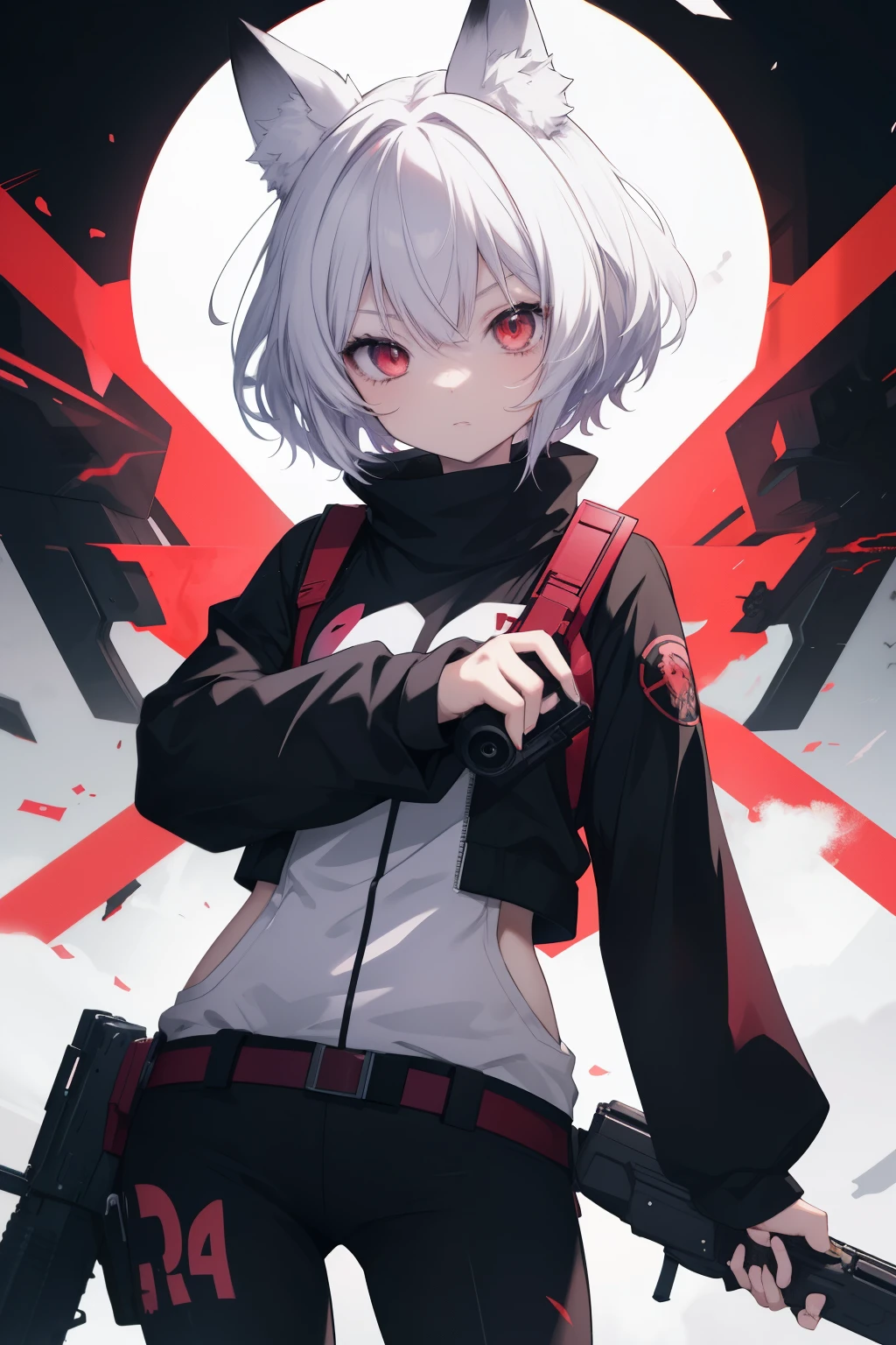 An anime fox girl with short white hair and a black outfit holding a gun is looking into the eyes of a young man., Best Anime 4K Konachan Wallpaper, Anime Badass 8 K, anime art wallpaper 8 k, Anime Style 4 k, anime art wallpaper 4k, anime art wallpaper 4k, 4k anime wallpaper, zerochan art, With eyes that shine red., clean detailed anime art, anime wallpaper 4 k
