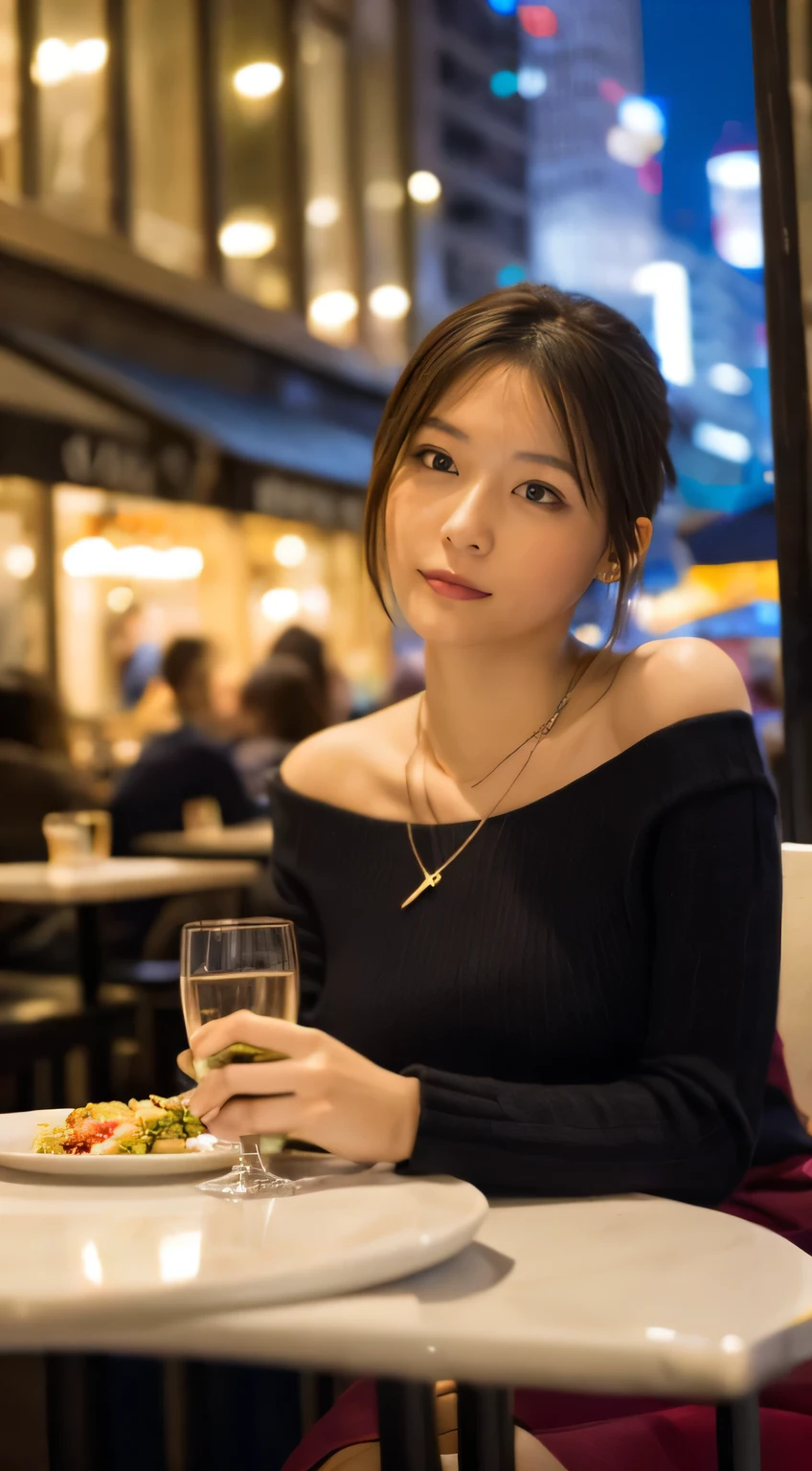 high-definition images, atmospheric perspective, 8k, super detail, accurate, best quality, angle from below, a woman, drooping eyes, sleepy face, blush, in the city, busy, skyscrapers, skirt, high boots, shoulder bag, necklace, restaurant with large windows, takes a seat, (other customers), night scene, windows have harbor view, foods, hair up,