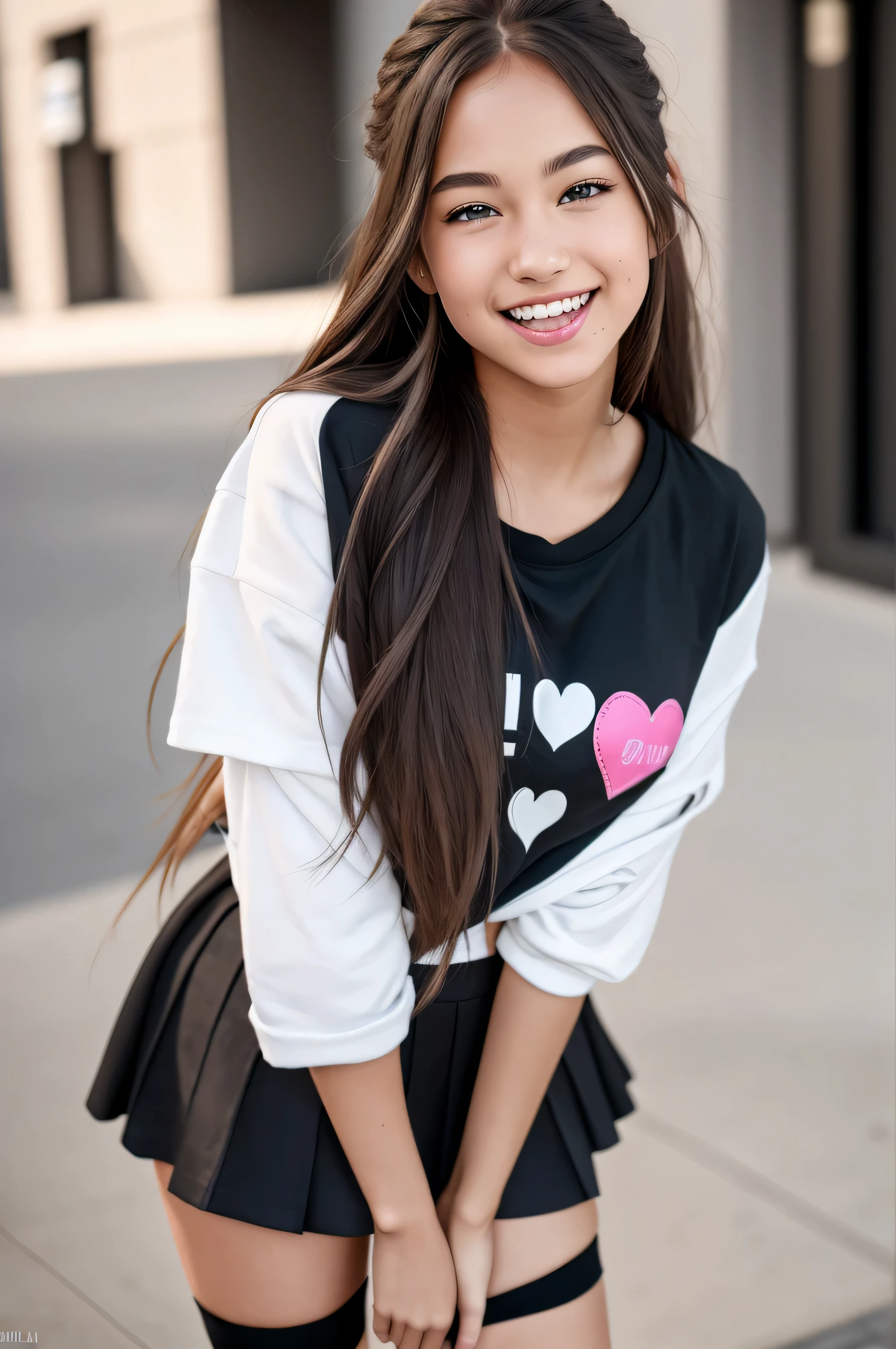 {there is a young girl walking down a street in a city. she is beautiful, and attractive. she is wearing a black t-shirt, and grey checkered skirt. her shirt is untucked, and has an image of a pink heart at the front. she is also wearing black sneakers with white stiching, and darked socks that reaches to her knee caps. she has beautiful long brown hair, and beautiful hazel eyes. and she has a beautiful smile on her face, but her mouth is closed.}, {best quality}, {{masterpiece}}, {highres}, {{{8k}}}, extremely detailed girl, {{{caucasian skin}}}, {{{detailed face}}}, {photo-realism}, {{perfect anatomy}}, sharp focus, {{{character{1 girl}}}}, solo, {{{{{sharp focus}}}}}, {{{detailed cloth texture}}}, {{{detailed skin texture}}}, {{{smooth lighting}}}, {{australian decent}}, {{18-years old girl}},