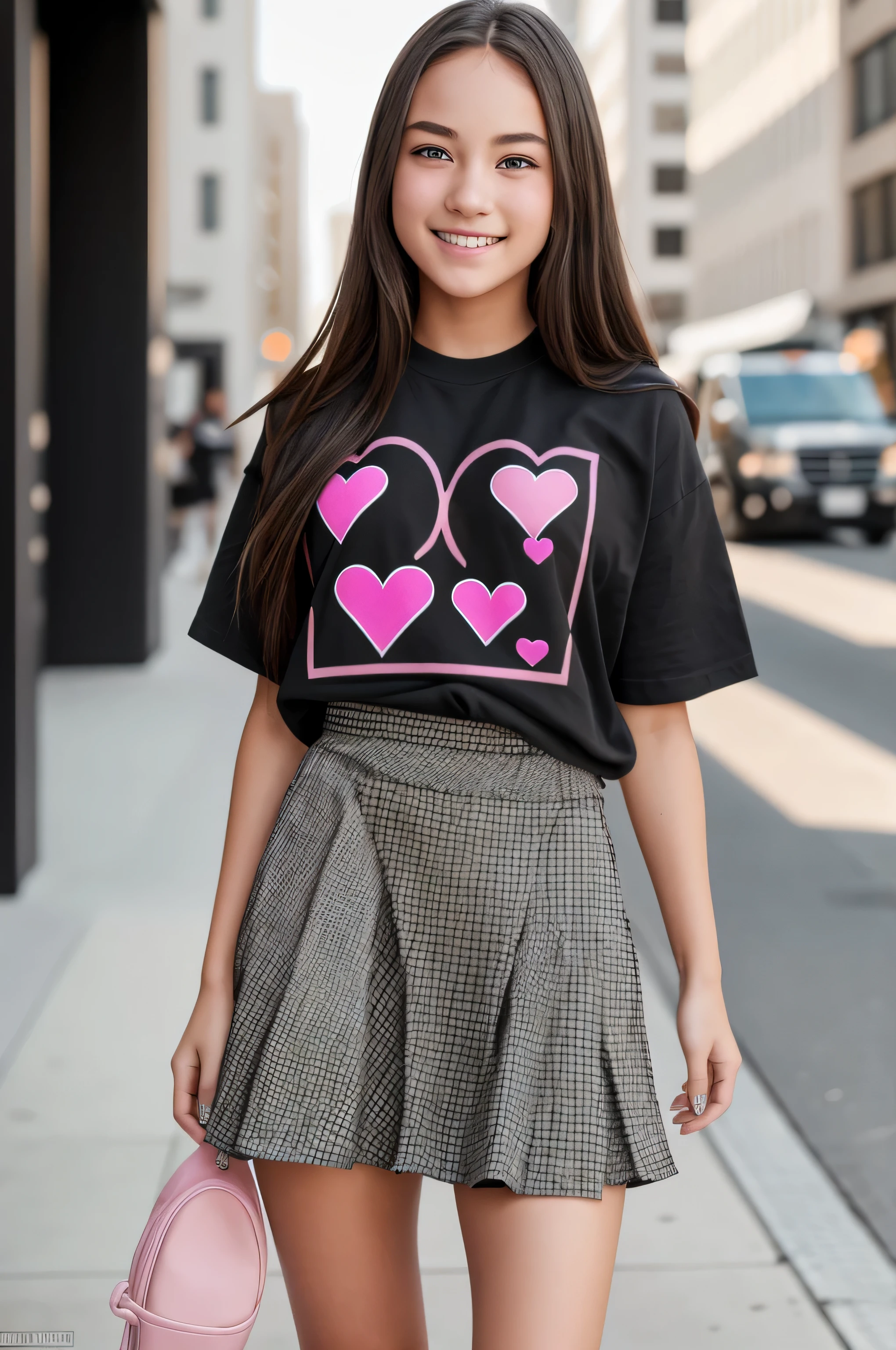{there is a young girl walking down a street in a city. she is beautiful, and attractive. she is wearing a black t-shirt, and grey checkered skirt. her shirt is untucked, and has an image of a pink heart at the front. she is also wearing black sneakers with white stiching, and darked socks that reaches to her knee caps. she has beautiful long brown hair, and beautiful hazel eyes. and she has a beautiful smile on her face, but her mouth is closed.}, {best quality}, {{masterpiece}}, {highres}, {{{8k}}}, extremely detailed girl, {{{caucasian skin}}}, {{{detailed face}}}, {photo-realism}, {{perfect anatomy}}, sharp focus, {{{character{1 girl}}}}, solo, {{{{{sharp focus}}}}}, {{{detailed cloth texture}}}, {{{detailed skin texture}}}, {{{smooth lighting}}}, {{australian decent}}, {{18-years old girl}},