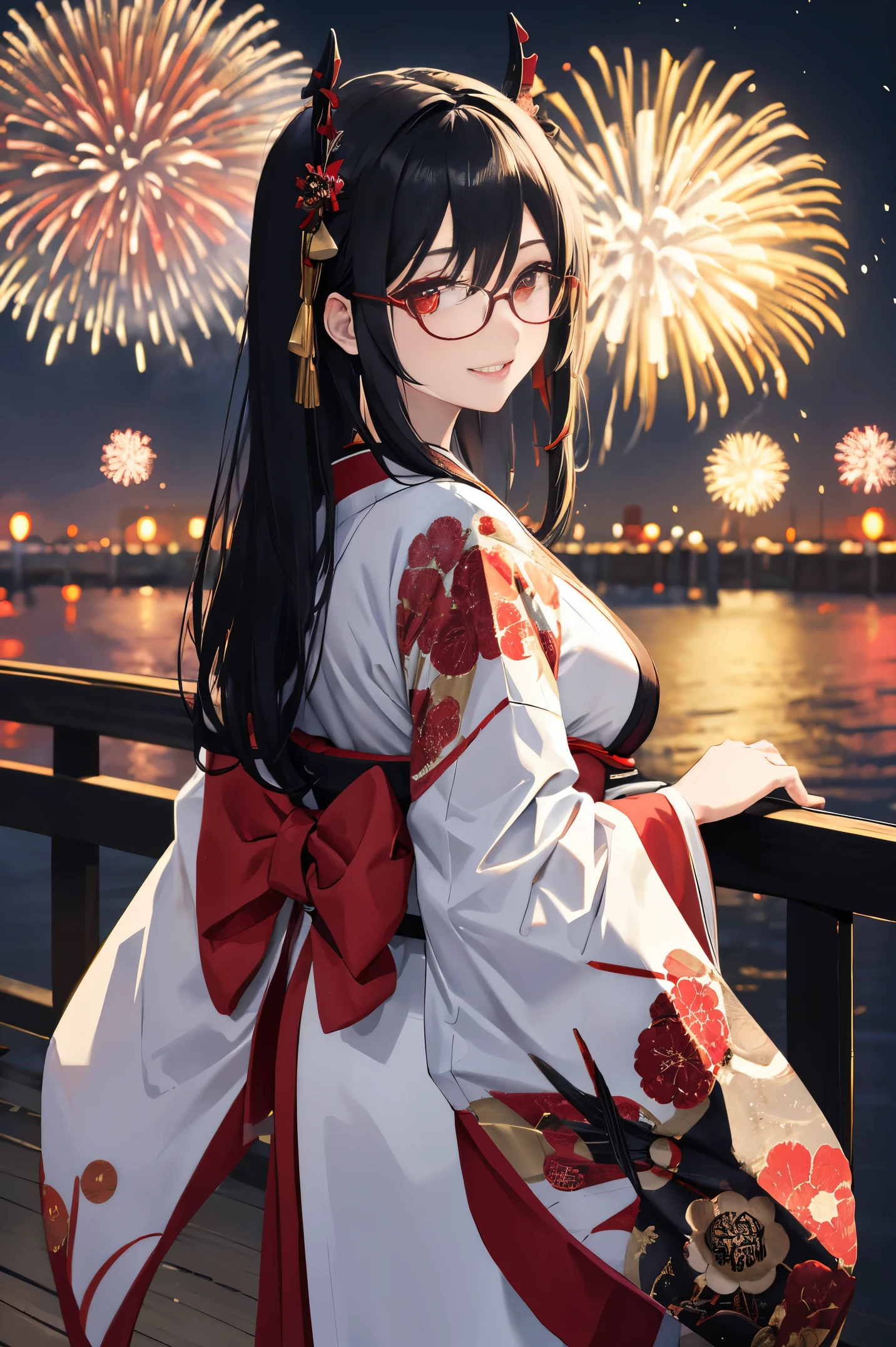 "anime girl, 1 person, black hair, shoulder length hair, red eyes, glasses, white horns, wearing kimono, kimono outfit, black kimono with red patterns, details, big breasts, long stockings, sinister smile , small black wings on the back, solo, viewed from different directions, festival, New Year's Eve, New Year's Eve fireworks, watching fireworks (sharp image)"