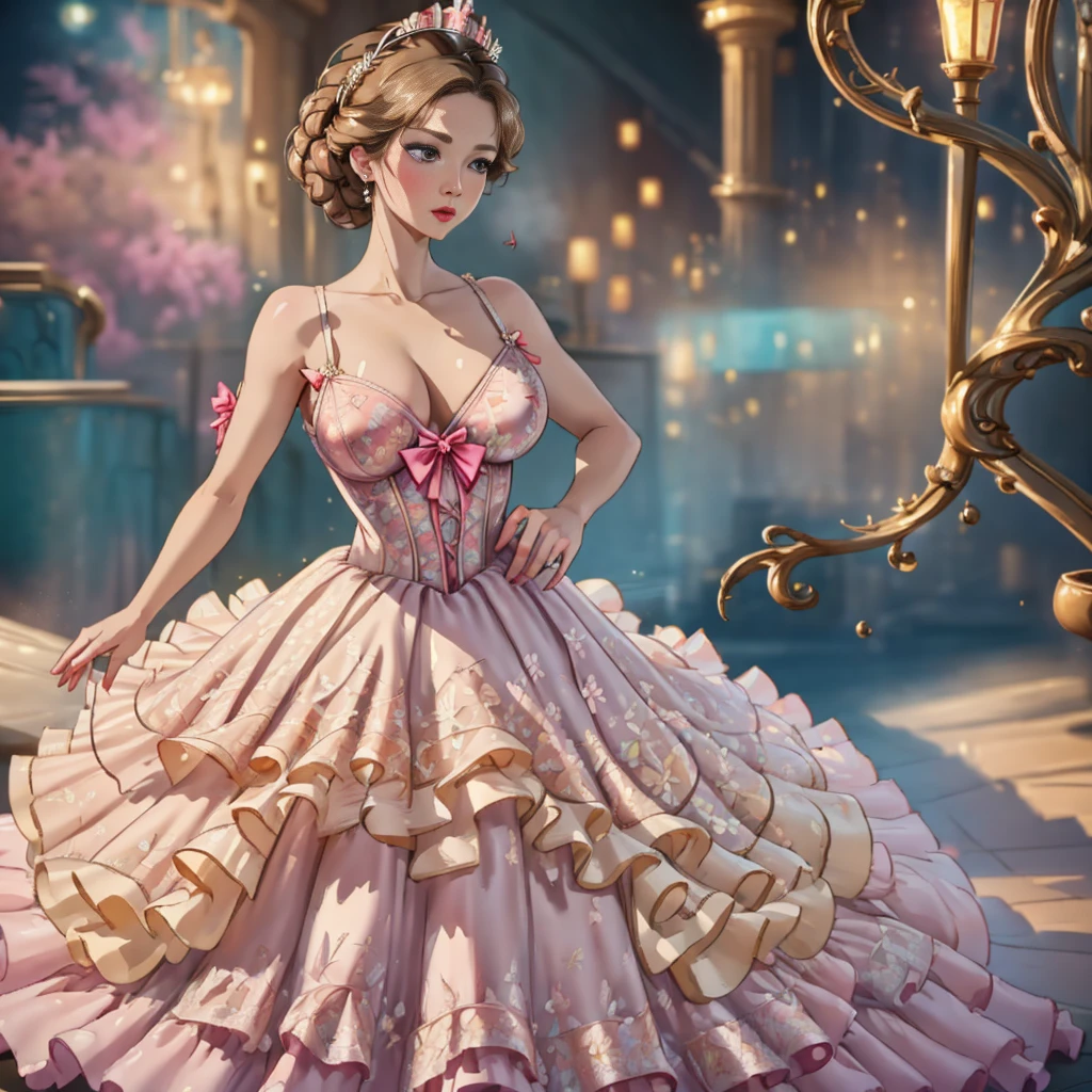 photography of Belle from Beauty and the Beast, (expose her tits),topless, royal gown(floral print), full cleavage, full body, beautiful, ((detailed face)), ((detailed eyes)), crown, majestic, perfect body, intricate, cinematic lighting, realistic, bokeh, HD, high quality, 8k, uhd, soft shadows, masterpiece, pussy reveal, tits reveal, ((distant view:1.2)),one breast out,nsfw,hard nipple(nipple piercing)grab breast