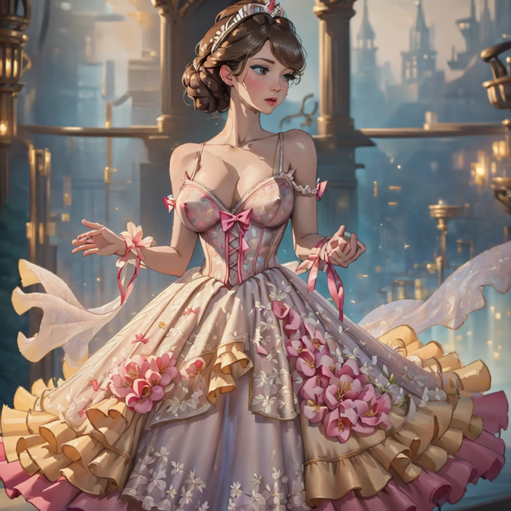 photography of Belle from Beauty and the Beast, (expose her tits),topless, royal gown(floral print), full cleavage, full body, beautiful, ((detailed face)), ((detailed eyes)), crown, majestic, perfect body, intricate, cinematic lighting, realistic, bokeh, HD, high quality, 8k, uhd, soft shadows, masterpiece, pussy reveal, tits reveal, ((distant view:1.2)),one breast out,nsfw,hard nipple(nipple piercing)grab breast