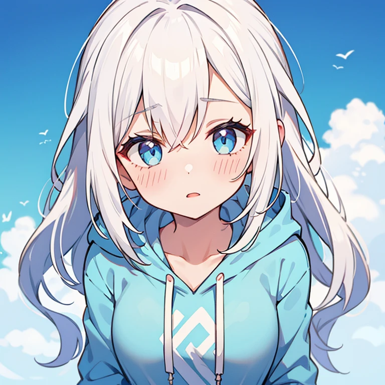 1girl, embrassed, blush, white hair, blue hoodie, sexy