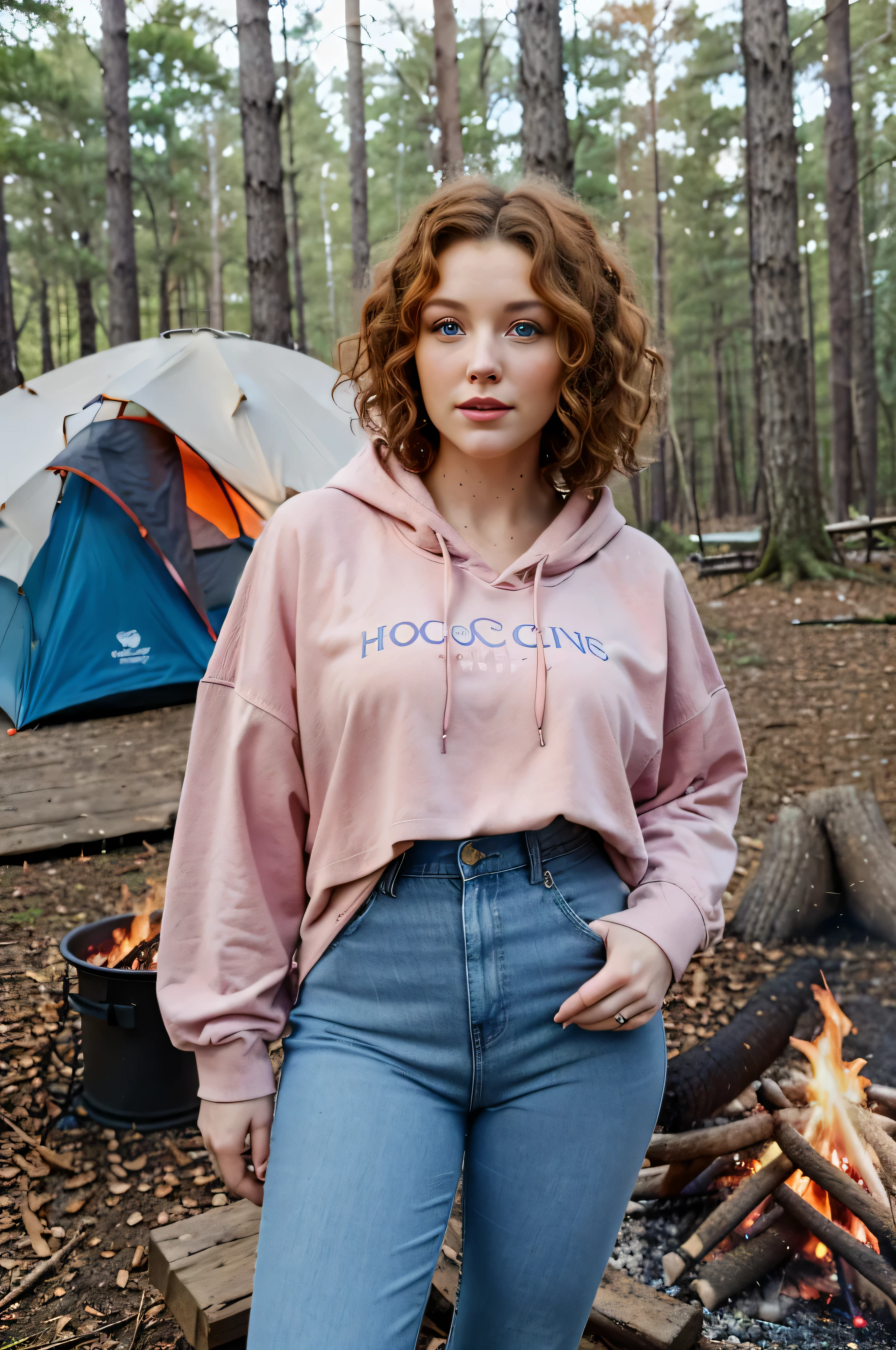 campfire, tent, magnificent young woman with blue eyes, this woman has short and curly hair, luscious lips and is in the woods, she is wearing a pink boho hoody and blue jeans