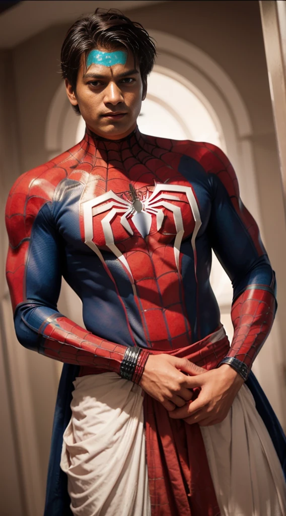 a close up of a 20 year age indian person wearing Spiderman costume, superhero body, peter parker, marvel style, marvel costumes, peter parker as spiderman, futuristic style spiderman, spider - man, spider-man, style of marvel, medium close - up ( mcu ), highly detailed face, with minimal treamed beard, highly detailed spider - man, full body close-up shot, marvel superhero, portrait of spiderman,