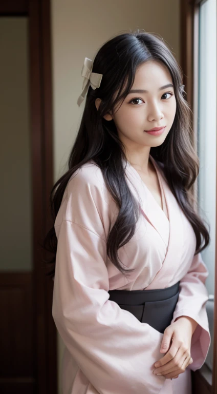 Masterpiece, (Photorealistic:1.5), photorealistic eyes, Asian Woman, Best Quality, beautiful lighting, Professional Lighting, photons mapping, radiosity, physics based rendering,, Nezuko Kamado, 1Girl, Black hair, brow, hair bows, japanese clothes, in kimono, Long hair, multicoloured hair, Open mouth, Pink eyes, pink in kimono, pink bows, bows, Smile, very Long hair, sky, ((aged up)),, (Raw foto, 8K UHD, film grain)