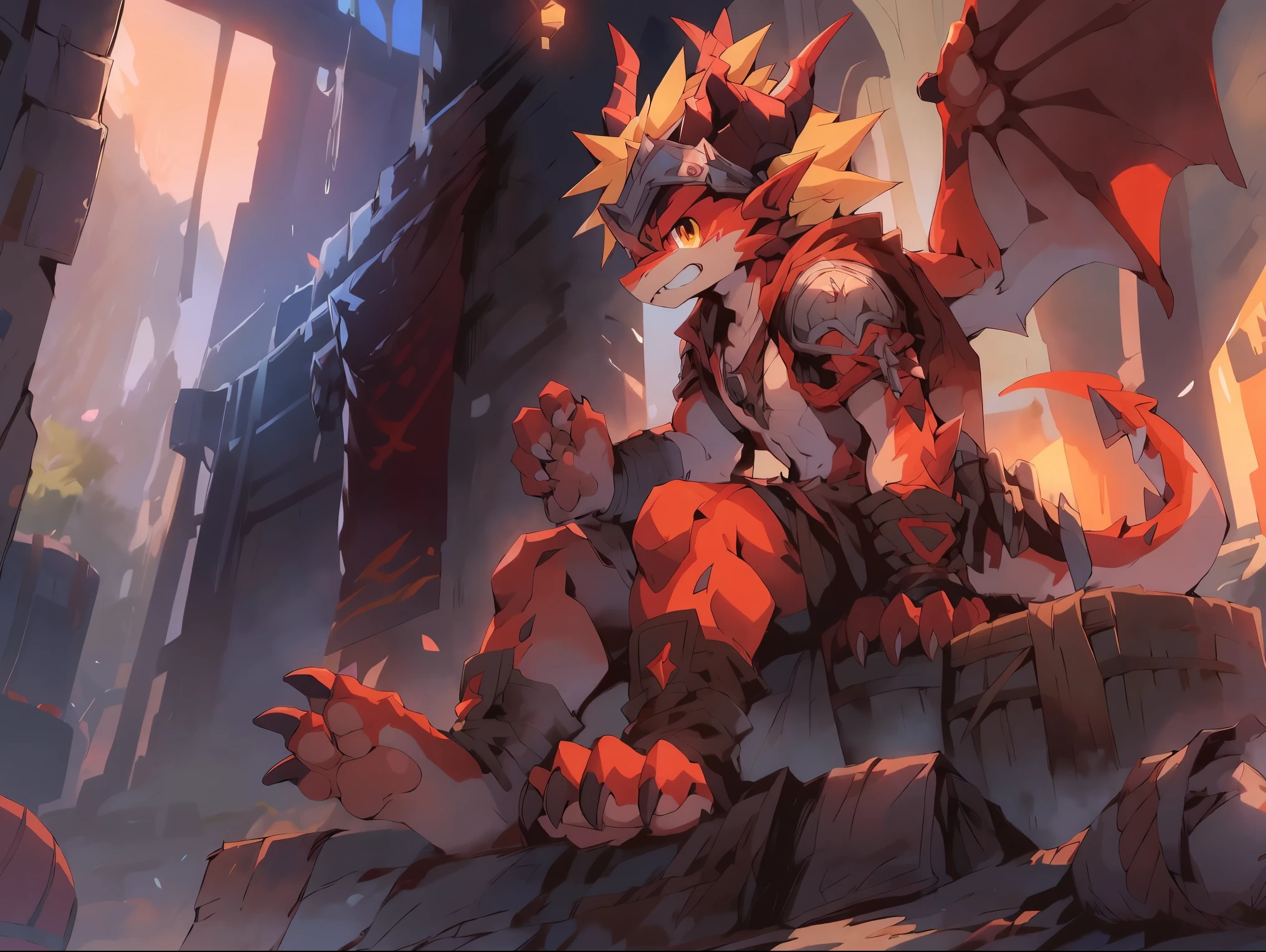drum bunker dragon, helmet, anthro, dragon, male, armor, solo, horn, claws, scalie, blonde hair,
sitting, pawpads,
kemono, detailed background